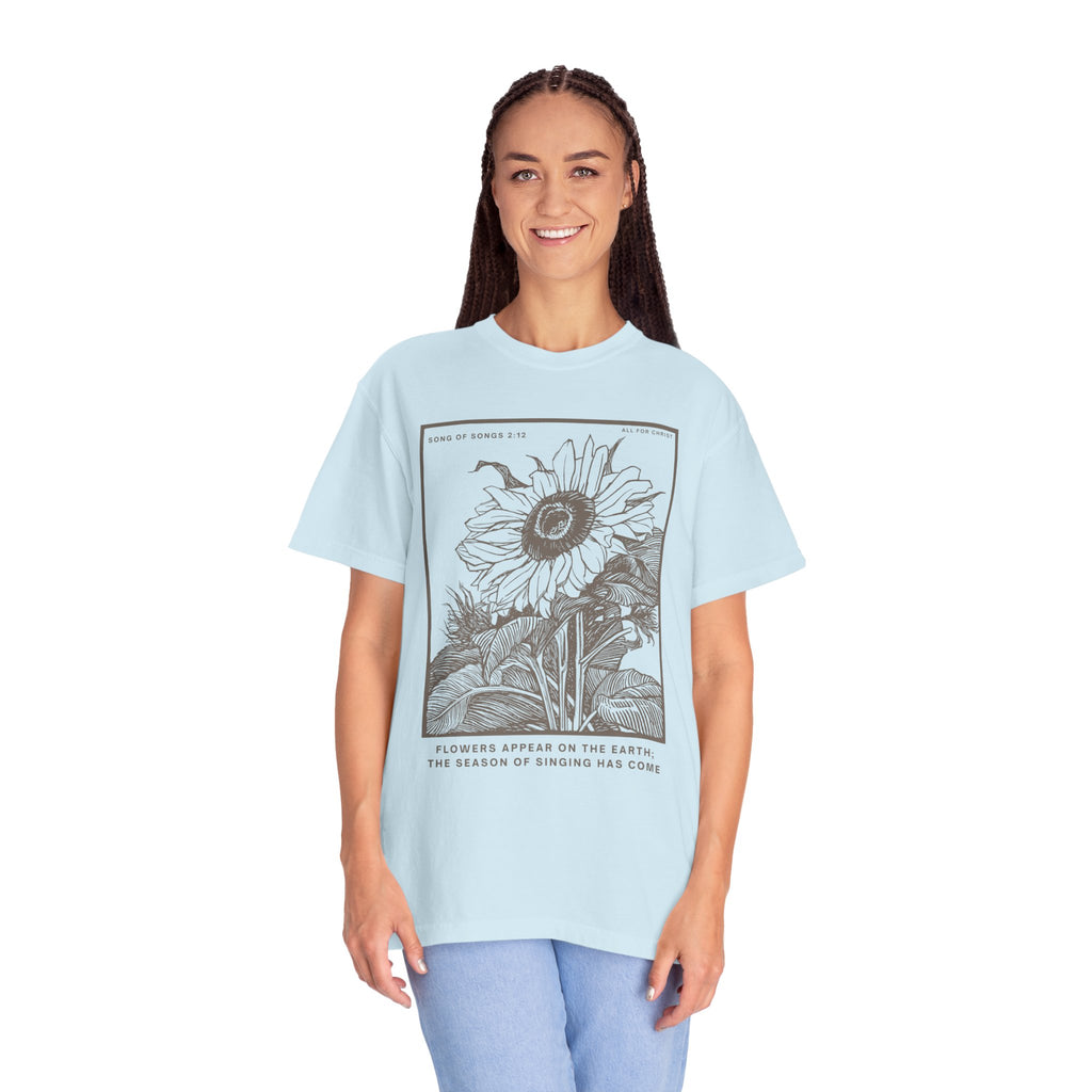 Sunflower Botanical T-Shirt — Floral Sketch Tee with "Flowers Appear on the Earth" Quote
