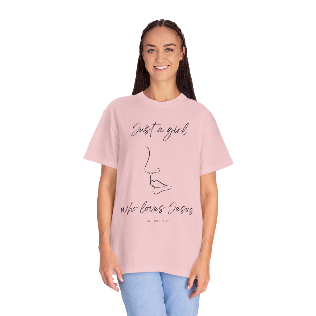 Christian Graphic T-Shirt — “Just a girl who loves Jesus” Minimal Line Art