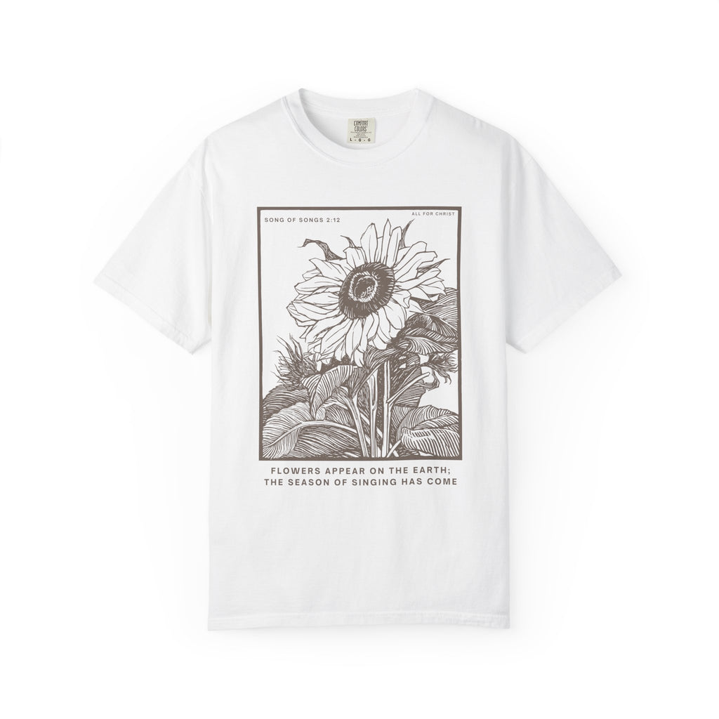 Sunflower Botanical T-Shirt — Floral Sketch Tee with "Flowers Appear on the Earth" Quote
