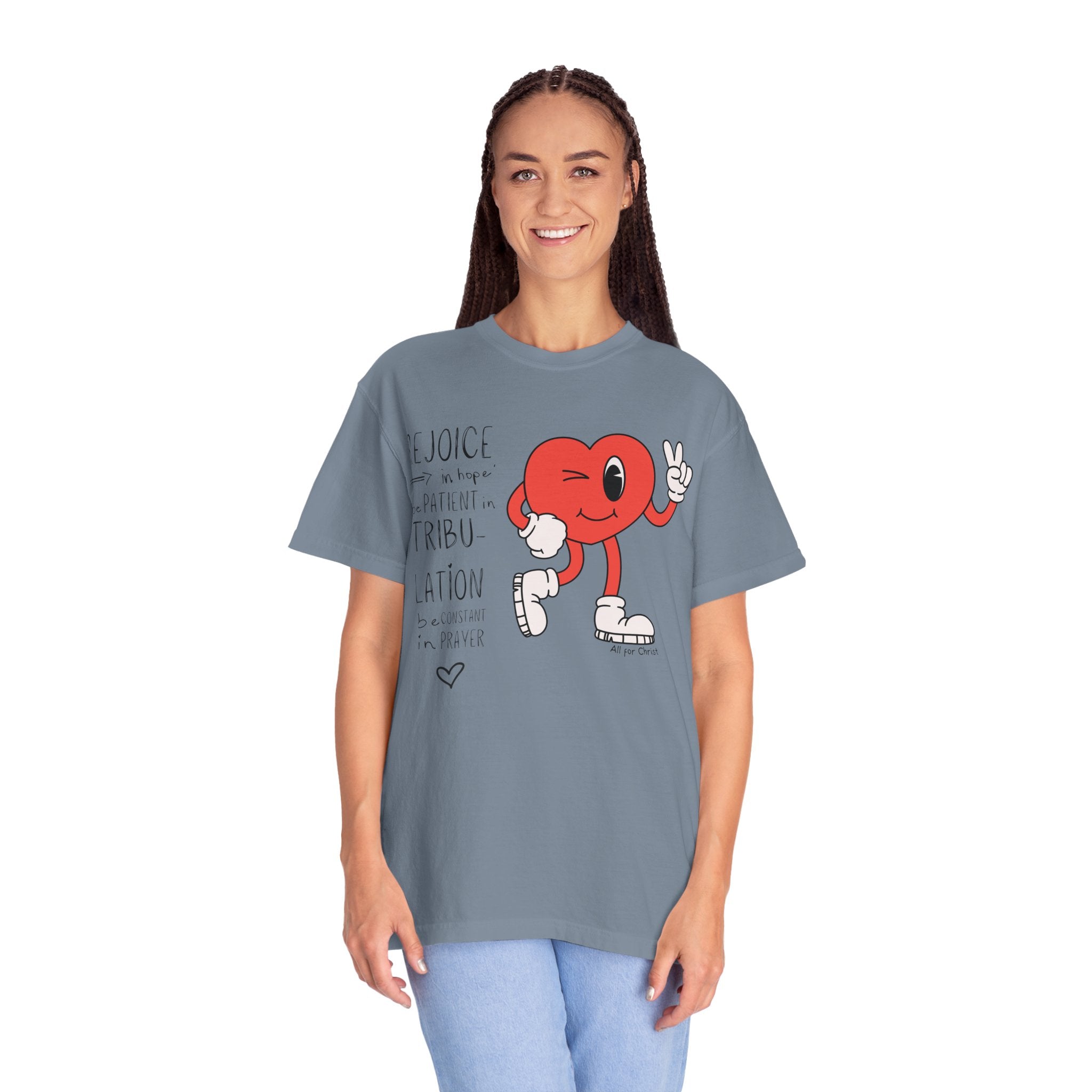 Rejoice Heart Character T-Shirt — 'Rejoice, be patient, tribulation' Christian Graphic Tee