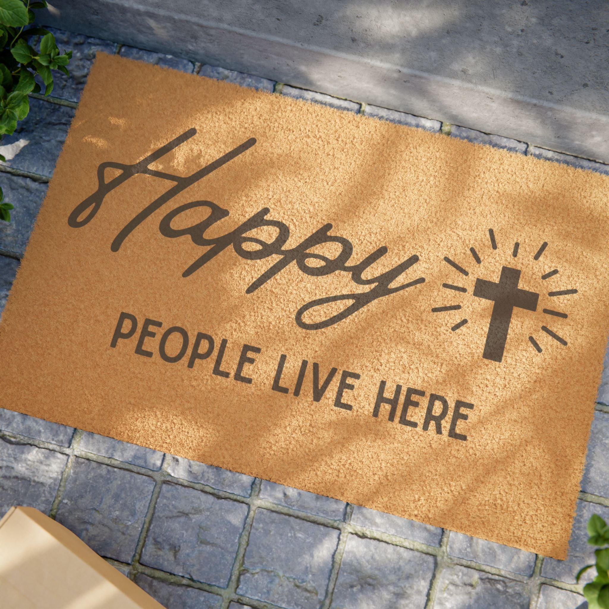 "Happy People Live Here" Doormat – Christian Cross Welcome Mat