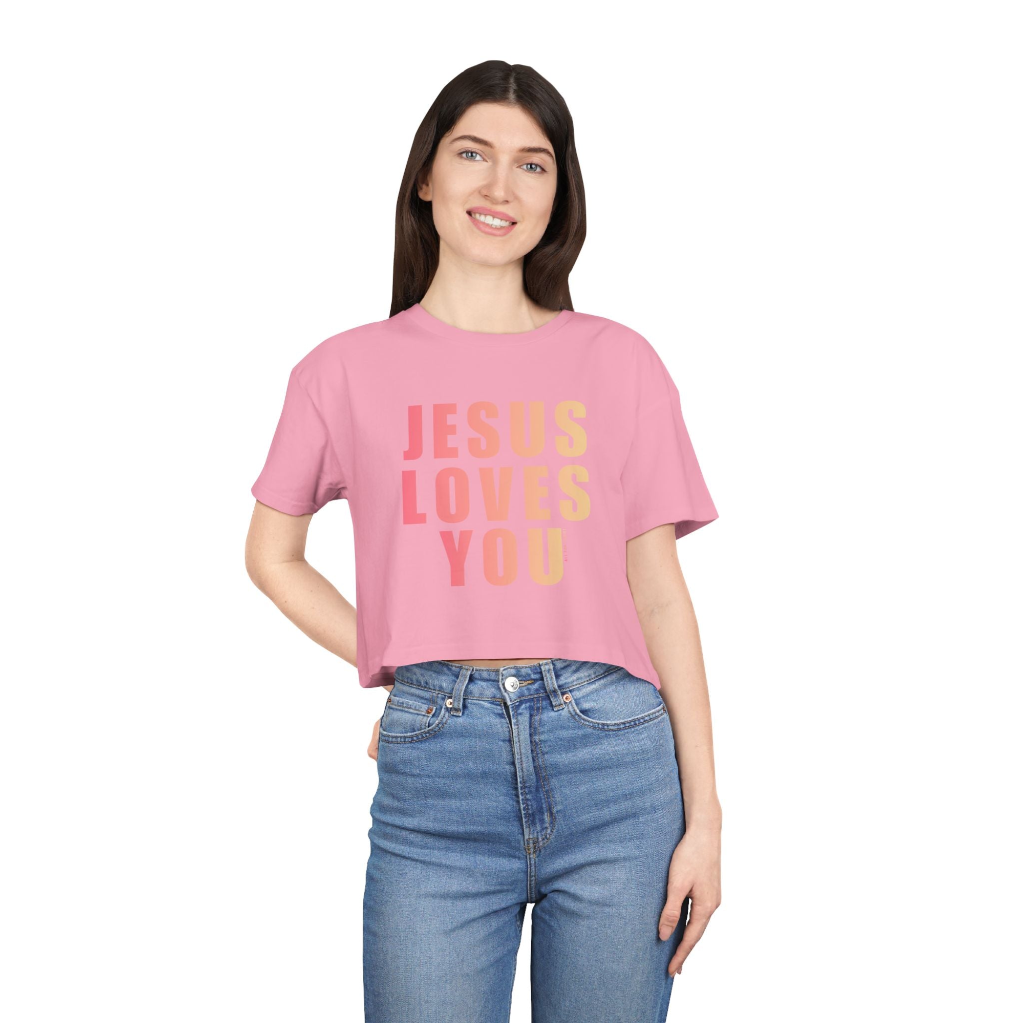 Jesus Loves You Crop Tee — Pink Ombre Inspirational Christian Top