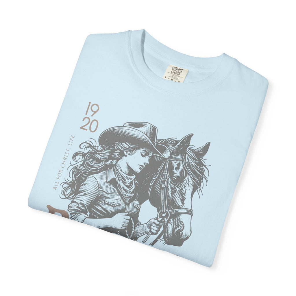 Rodeo Cowgirl T-Shirt — "Ride Like a Cowgirl of Jesus Christ" Western Horse Graphic