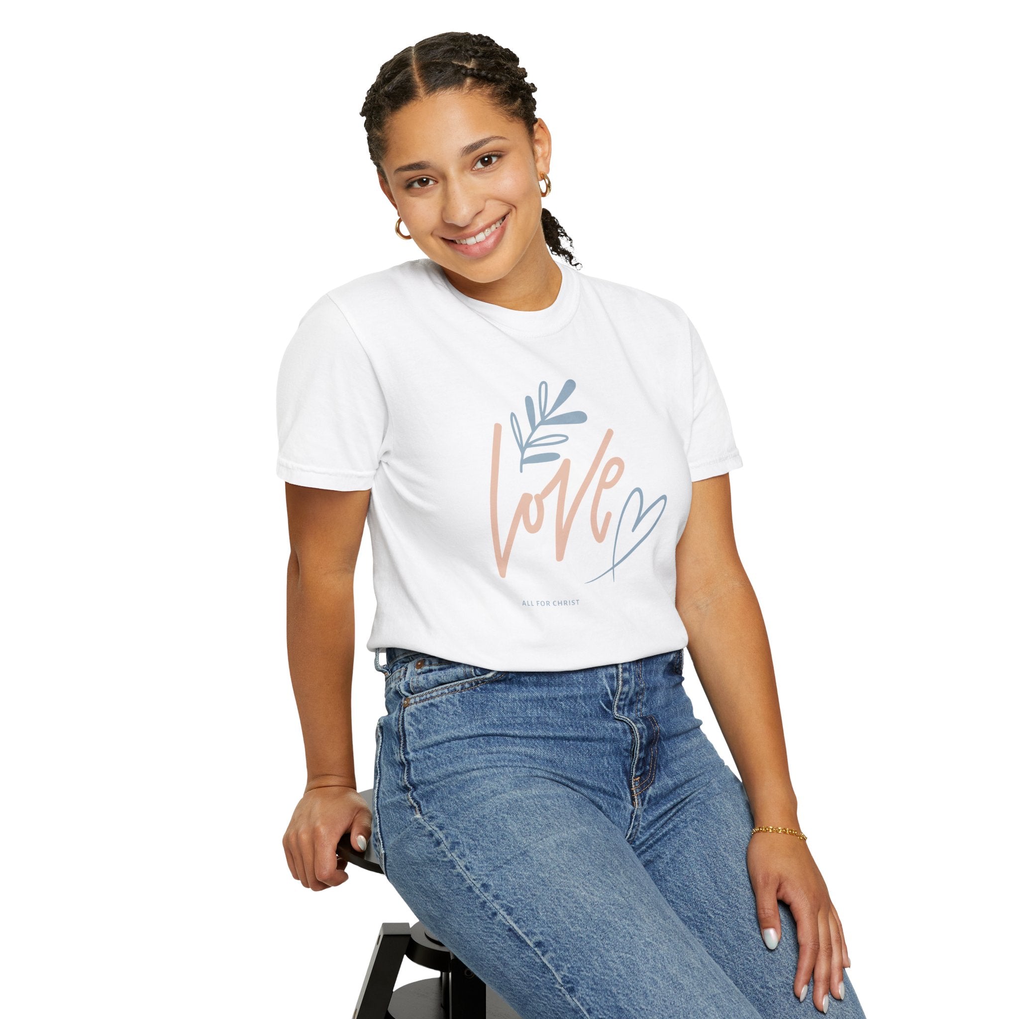 Love Handwritten T-Shirt — Pastel Heart & Leaf Graphic