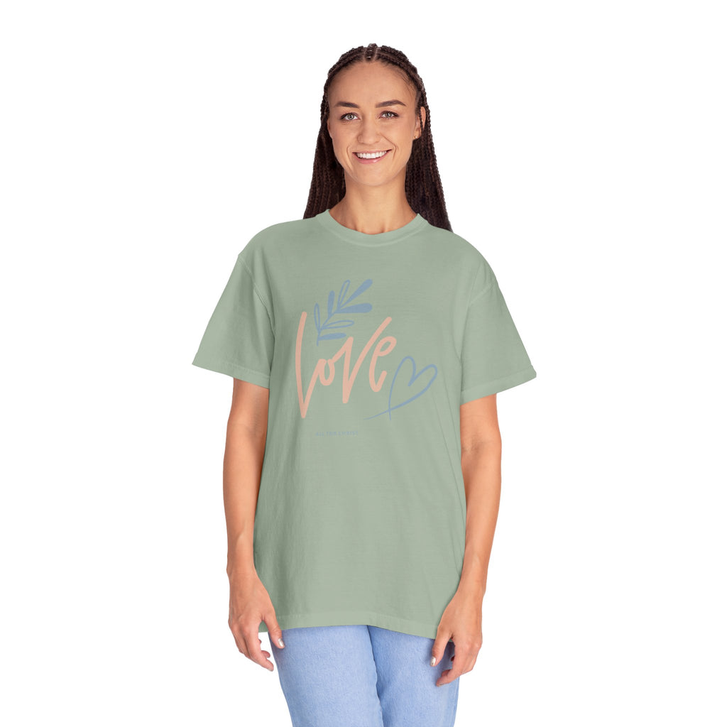 Love Handwritten T-Shirt — Pastel Heart & Leaf Graphic