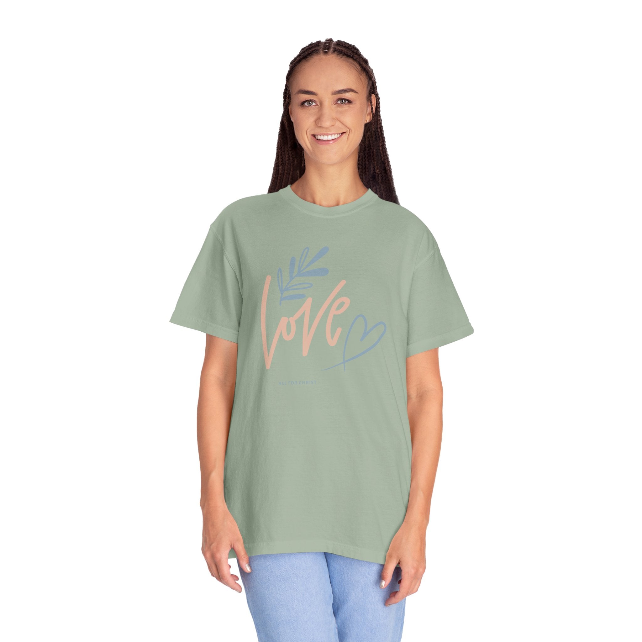 Love Handwritten T-Shirt — Pastel Heart & Leaf Graphic