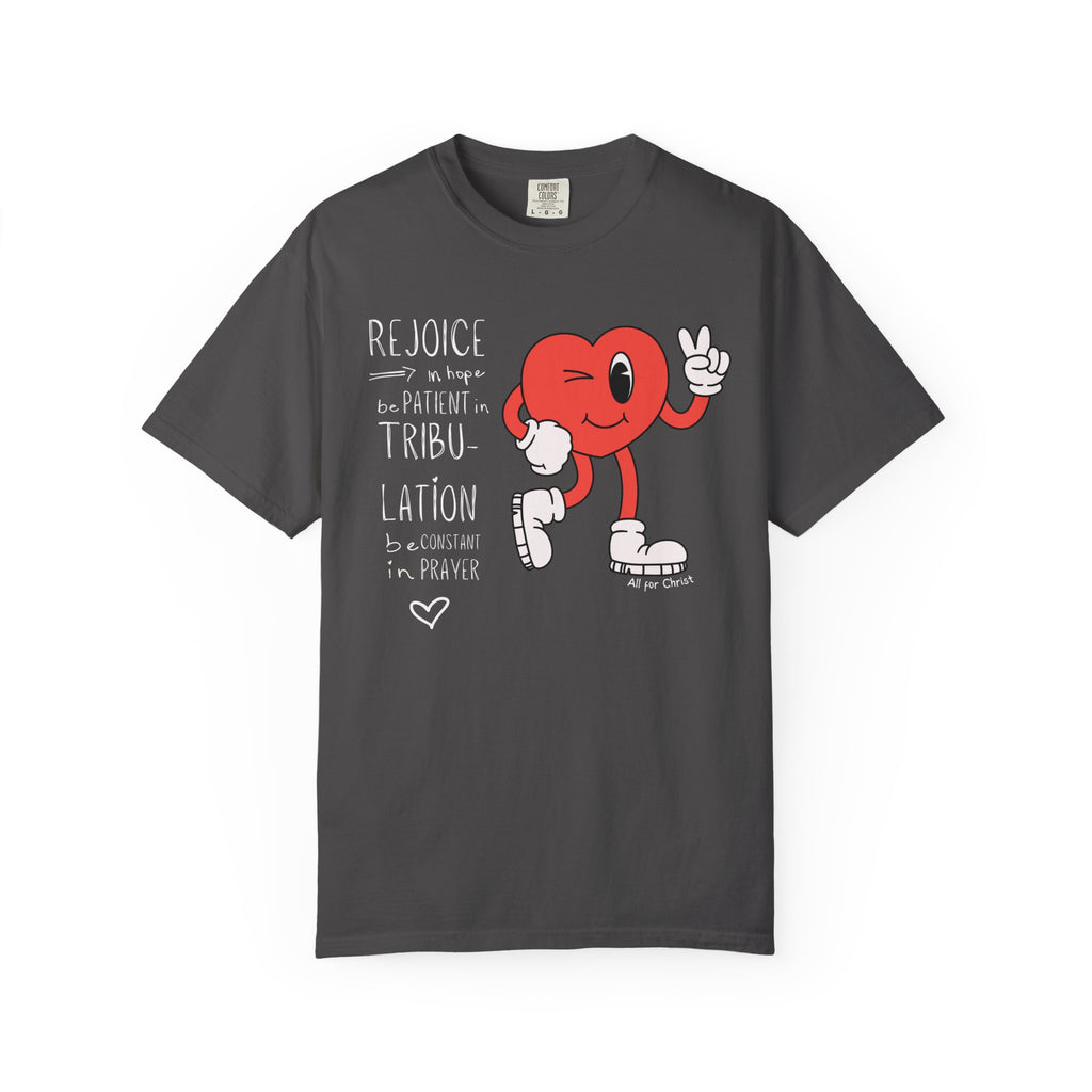 Rejoice Heart Character T-Shirt — 'Rejoice, be patient, tribulation' Christian Graphic Tee