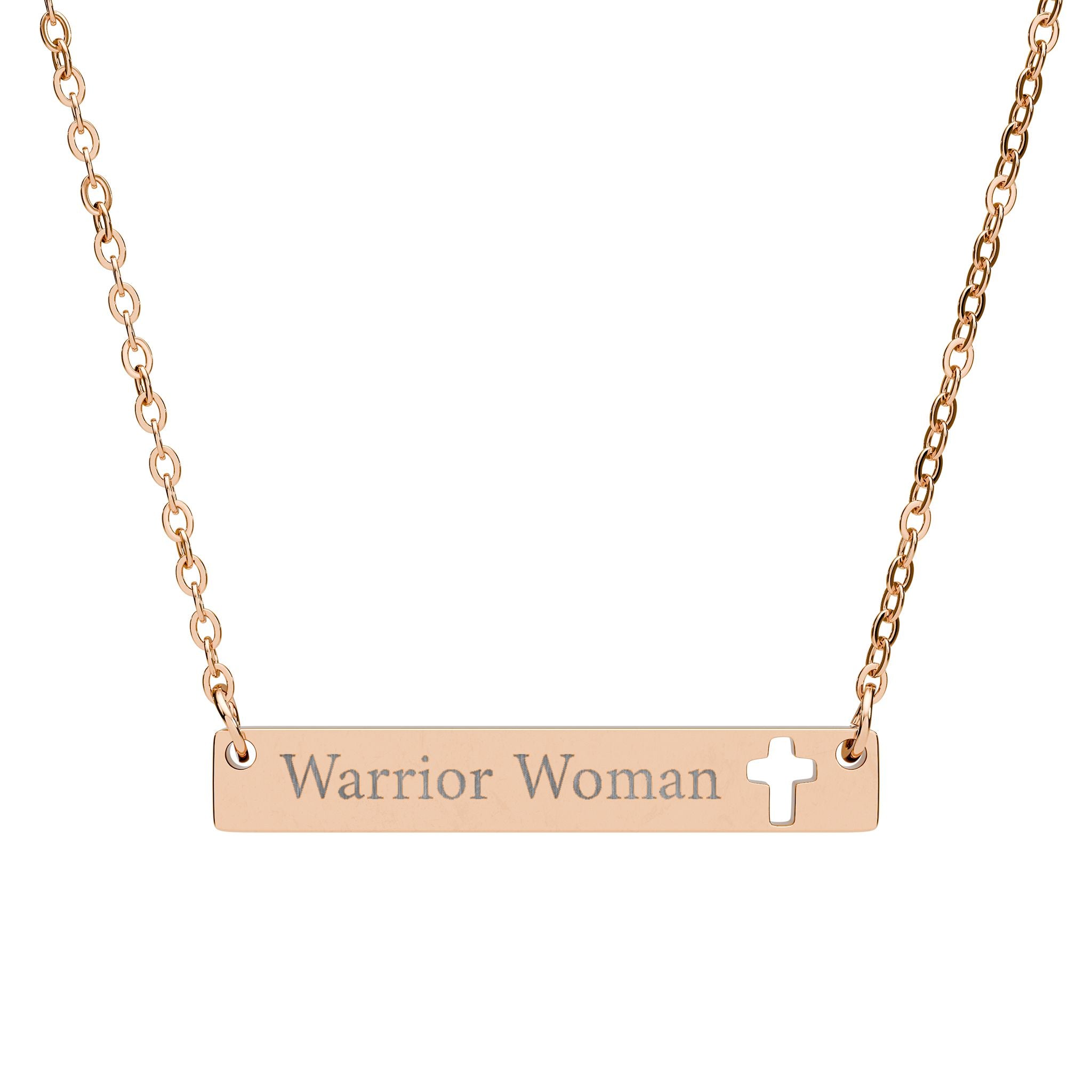"Warrior Woman" Inspirational Pendant — Engraved Cutout Cross Bar Necklace