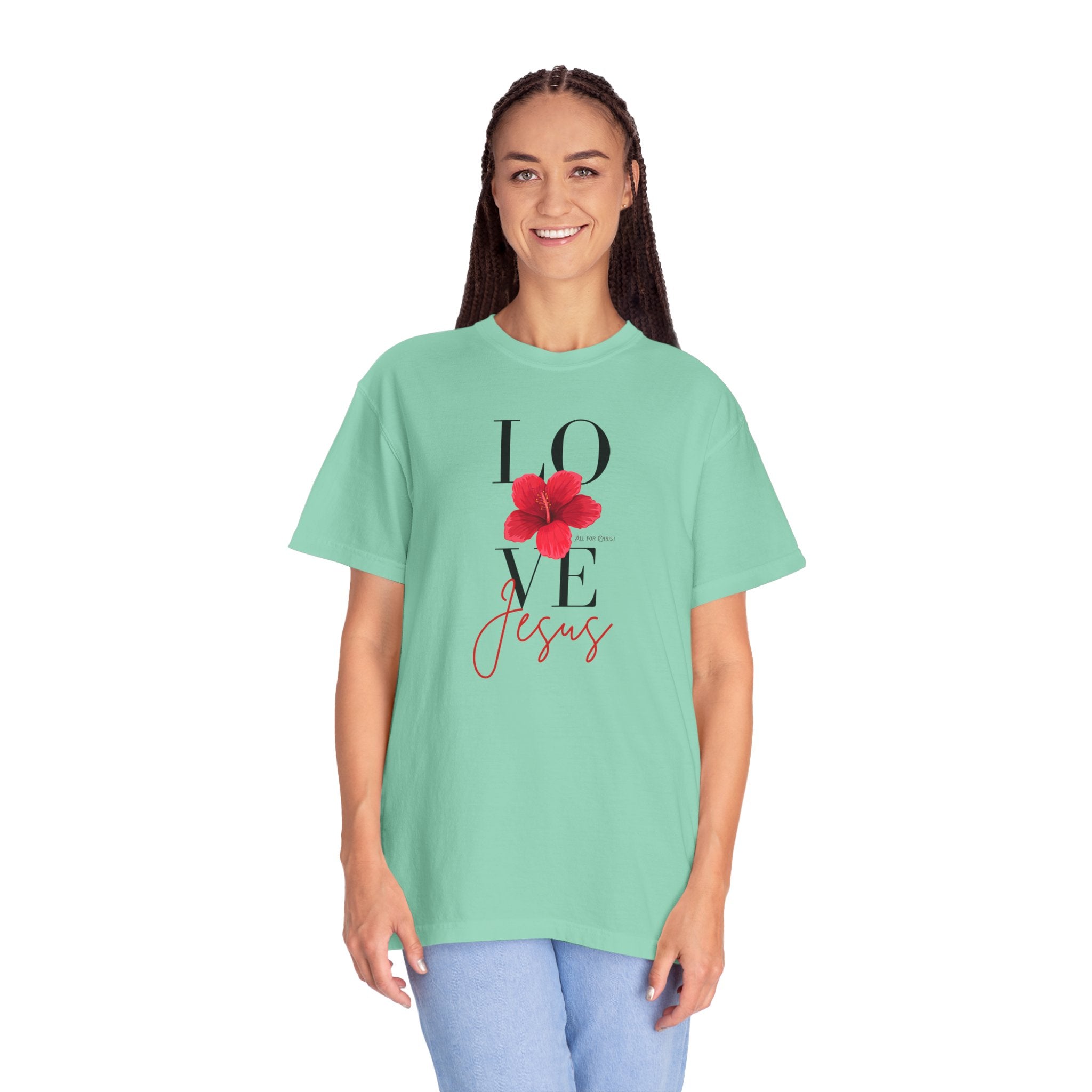 Love Jesus Floral T-Shirt — Faith-Based Christian Tee with Red Hibiscus