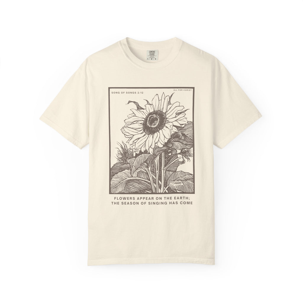 Sunflower Botanical T-Shirt — Floral Sketch Tee with "Flowers Appear on the Earth" Quote