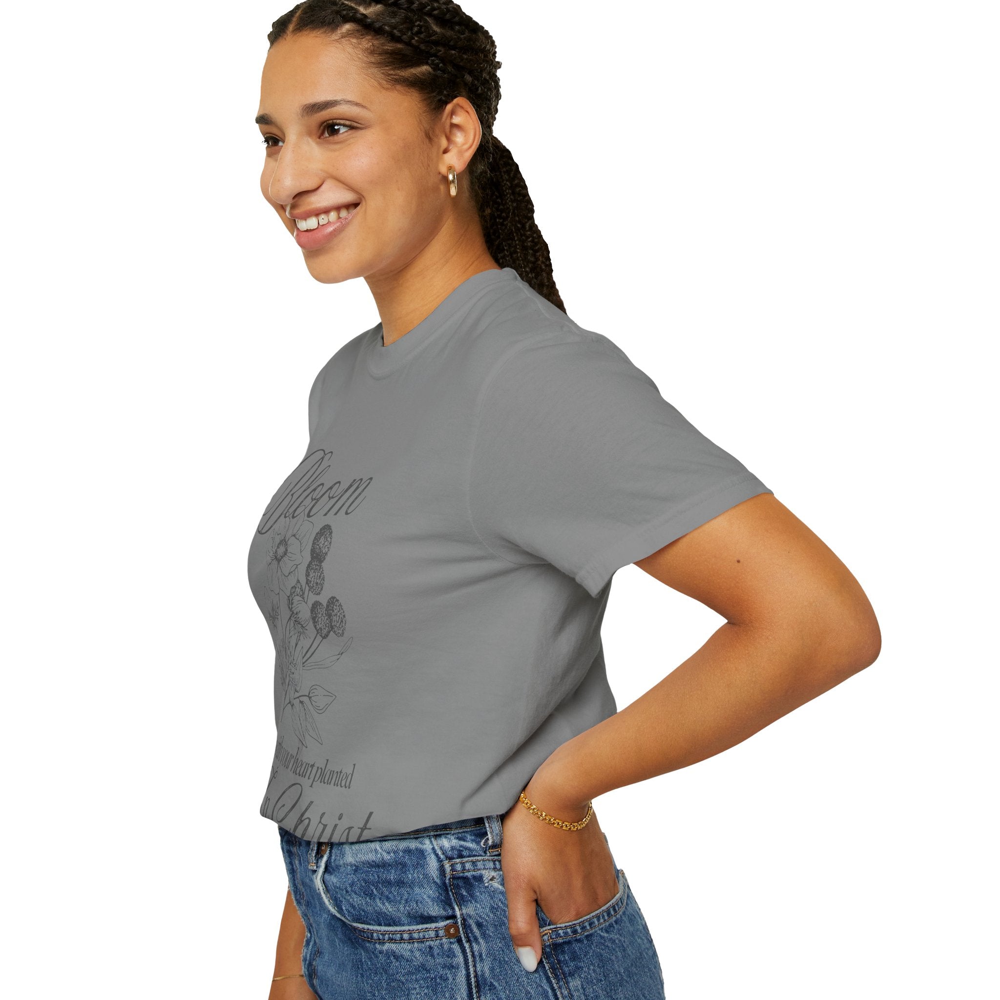 Bloom in Christ T-Shirt — Floral Faith Tee with "Bloom with your heart planted in Christ"