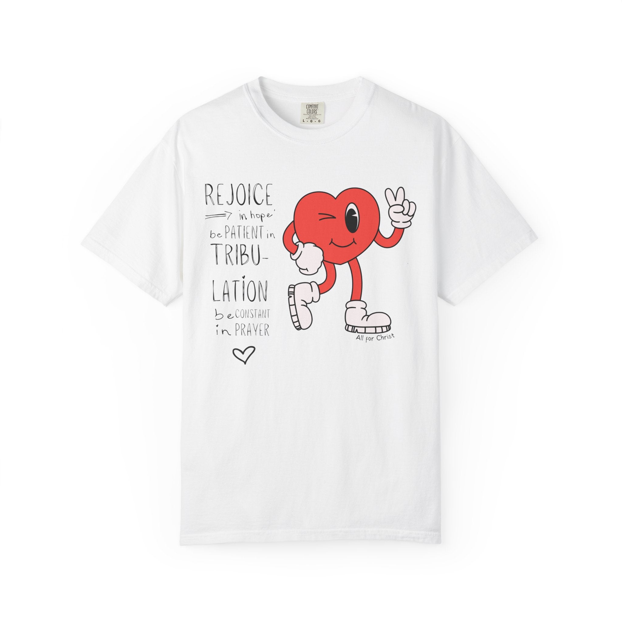 Rejoice Heart Character T-Shirt — 'Rejoice, be patient, tribulation' Christian Graphic Tee
