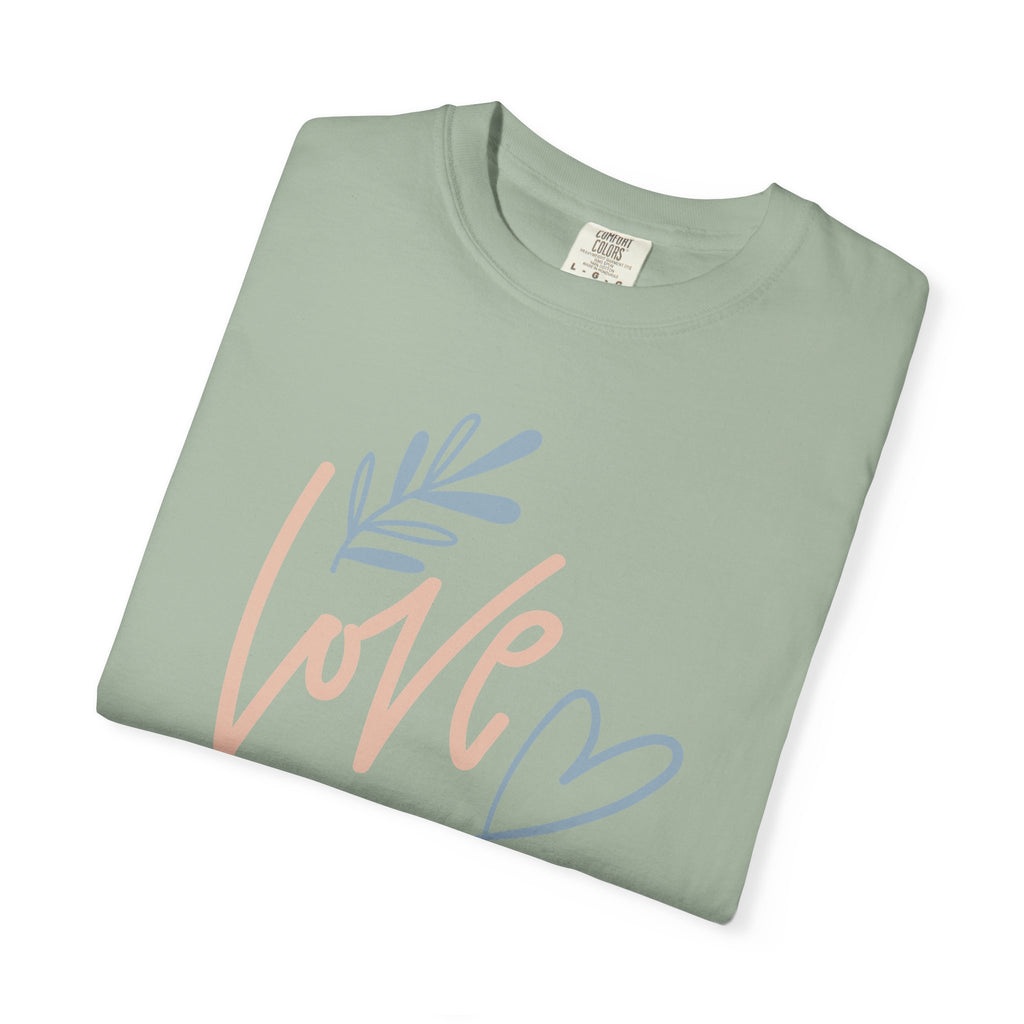 Love Handwritten T-Shirt — Pastel Heart & Leaf Graphic