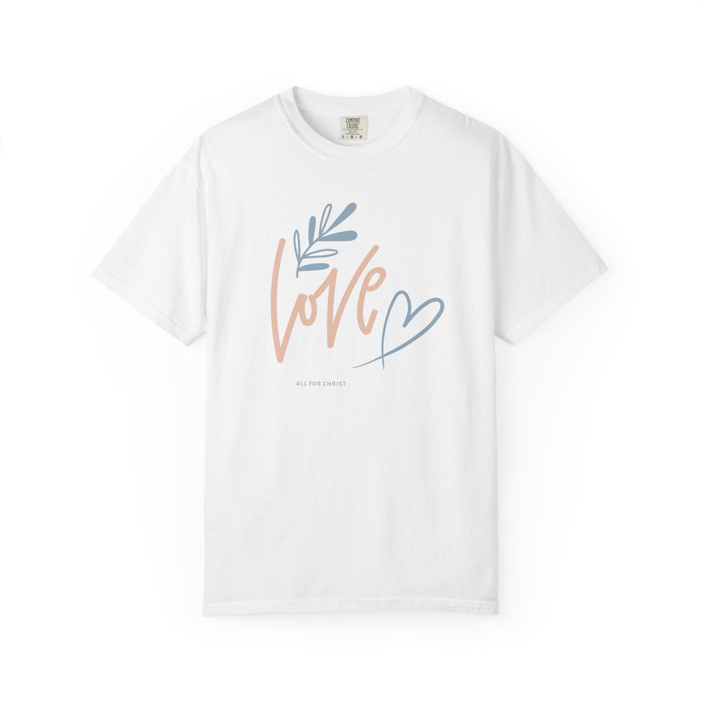 Love Handwritten T-Shirt — Pastel Heart & Leaf Graphic