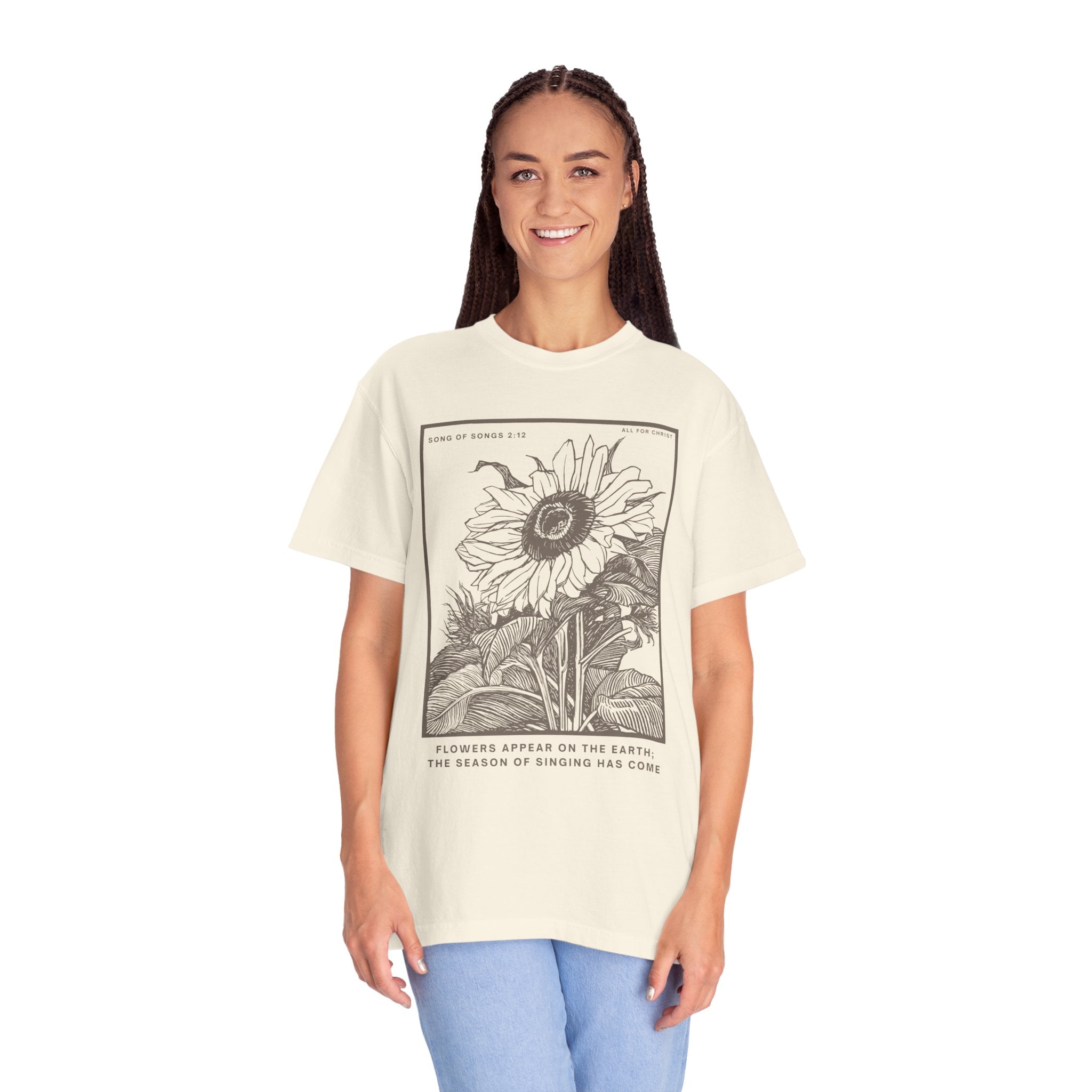 Sunflower Botanical T-Shirt — Floral Sketch Tee with "Flowers Appear on the Earth" Quote
