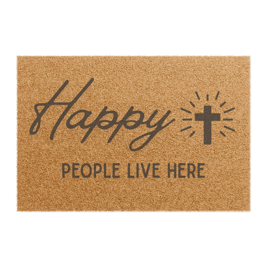 "Happy People Live Here" Doormat – Christian Cross Welcome Mat