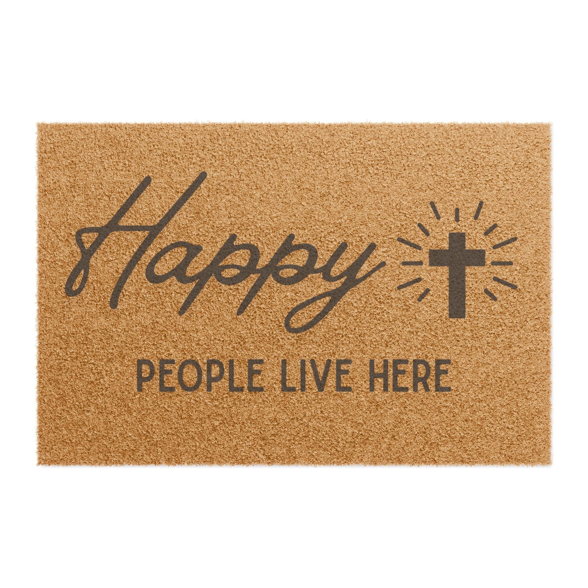 "Happy People Live Here" Doormat – Christian Cross Welcome Mat
