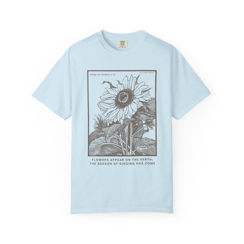 Sunflower Botanical T-Shirt — Floral Sketch Tee with "Flowers Appear on the Earth" Quote