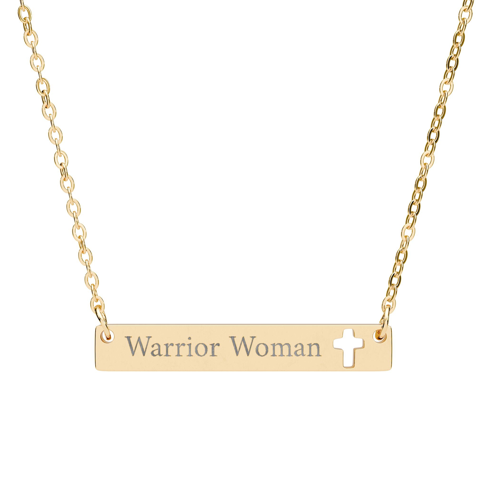 "Warrior Woman" Inspirational Pendant — Engraved Cutout Cross Bar Necklace