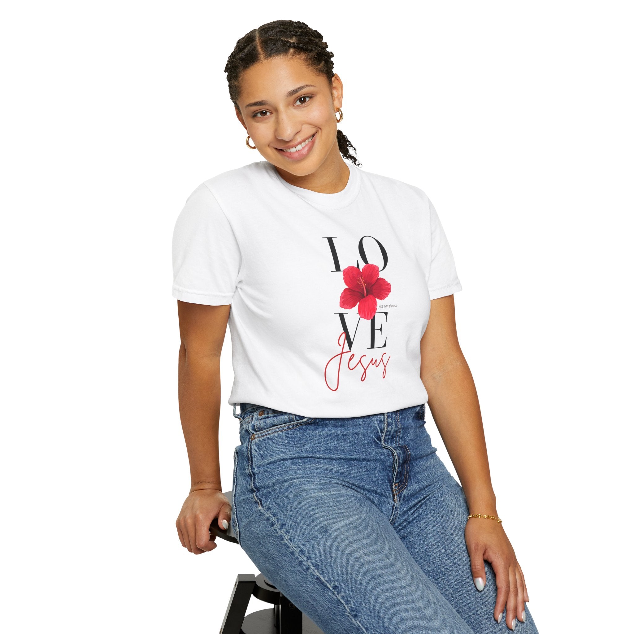 Love Jesus Floral T-Shirt — Faith-Based Christian Tee with Red Hibiscus