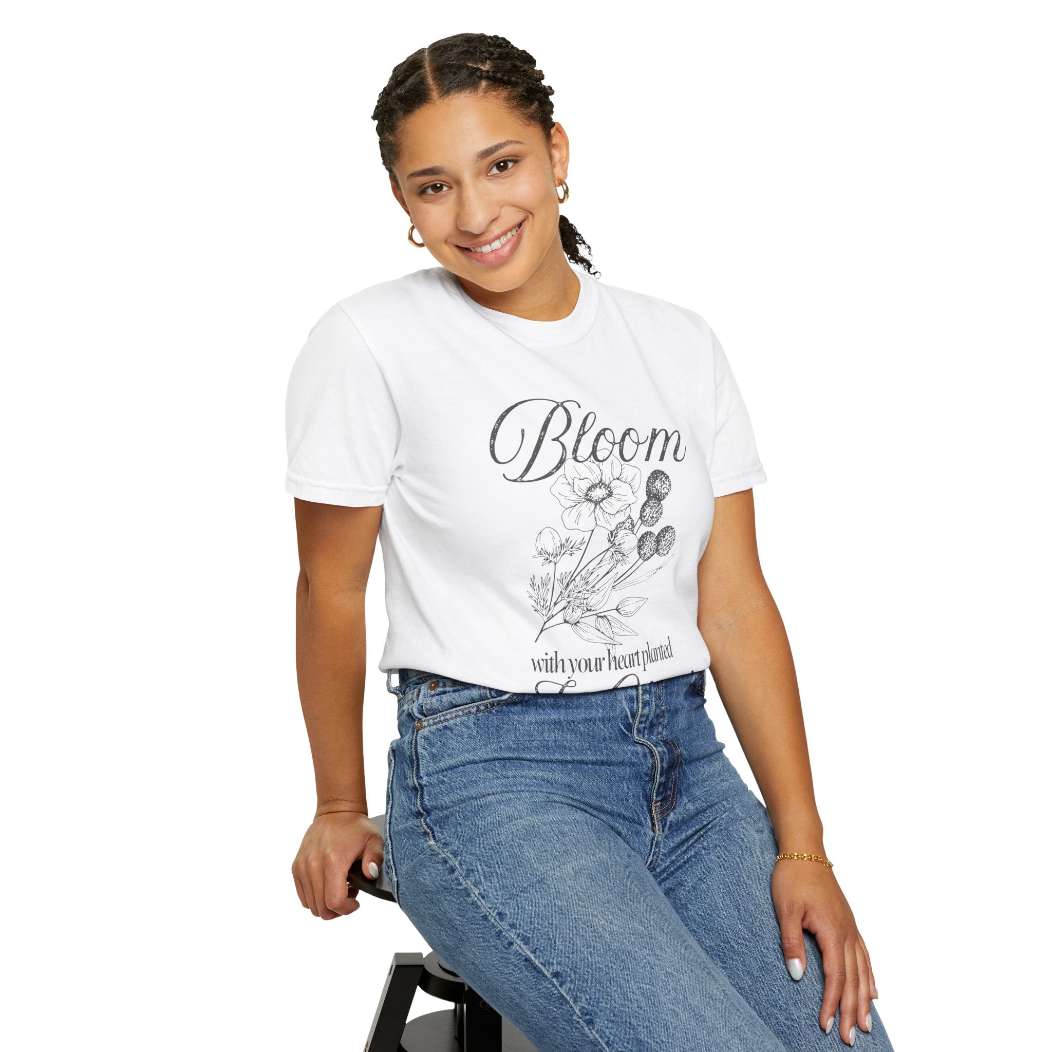 Bloom in Christ T-Shirt — Floral Faith Tee with "Bloom with your heart planted in Christ"