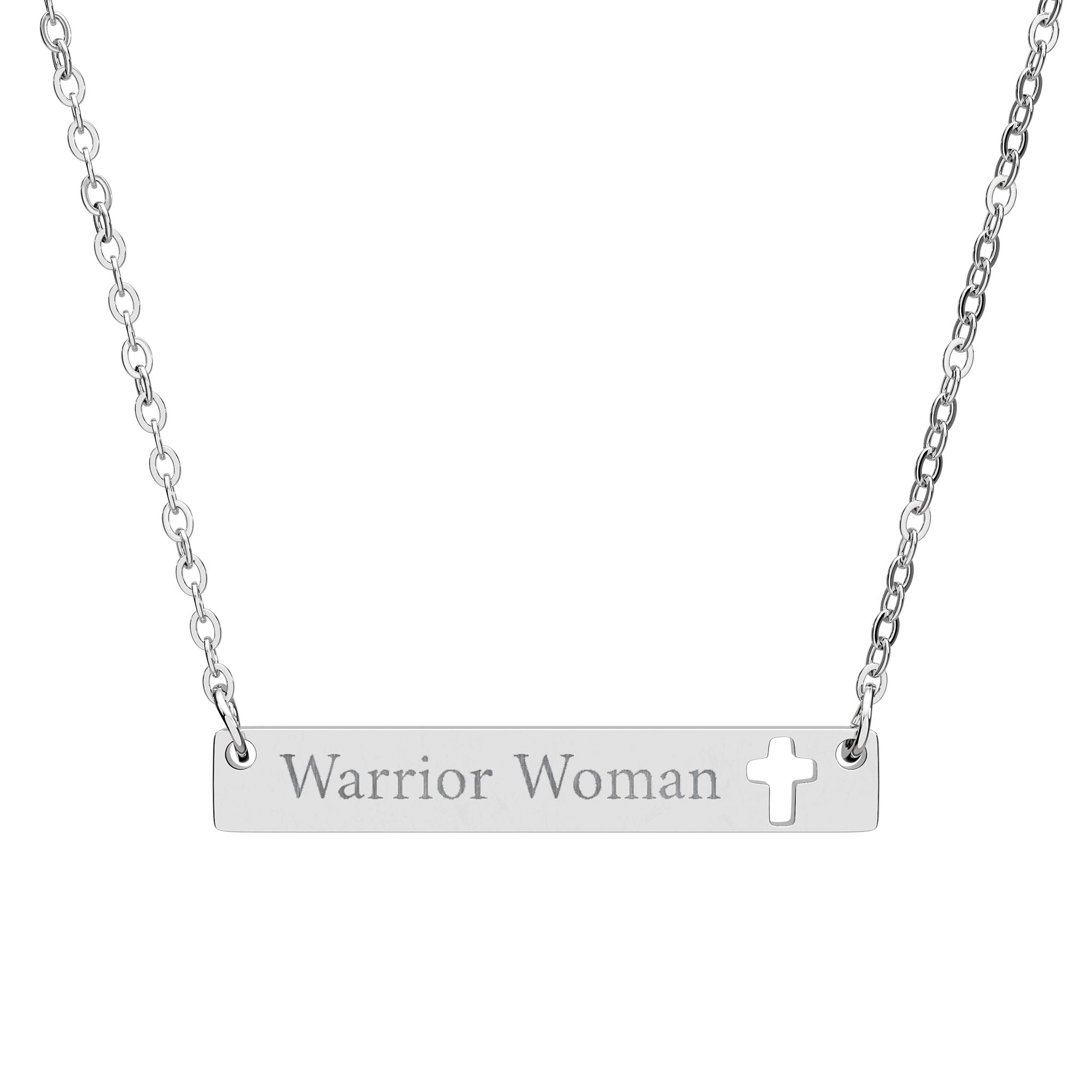 "Warrior Woman" Inspirational Pendant — Engraved Cutout Cross Bar Necklace