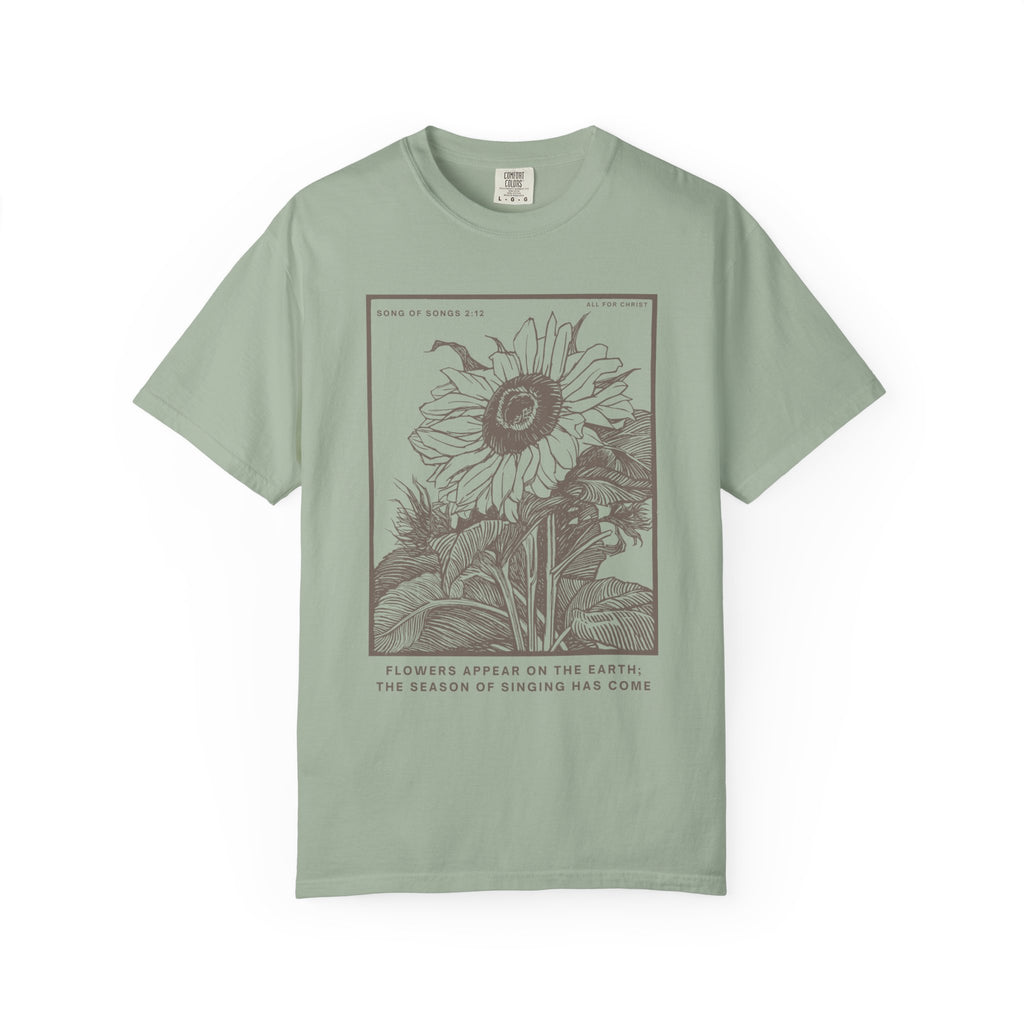 Sunflower Botanical T-Shirt — Floral Sketch Tee with "Flowers Appear on the Earth" Quote
