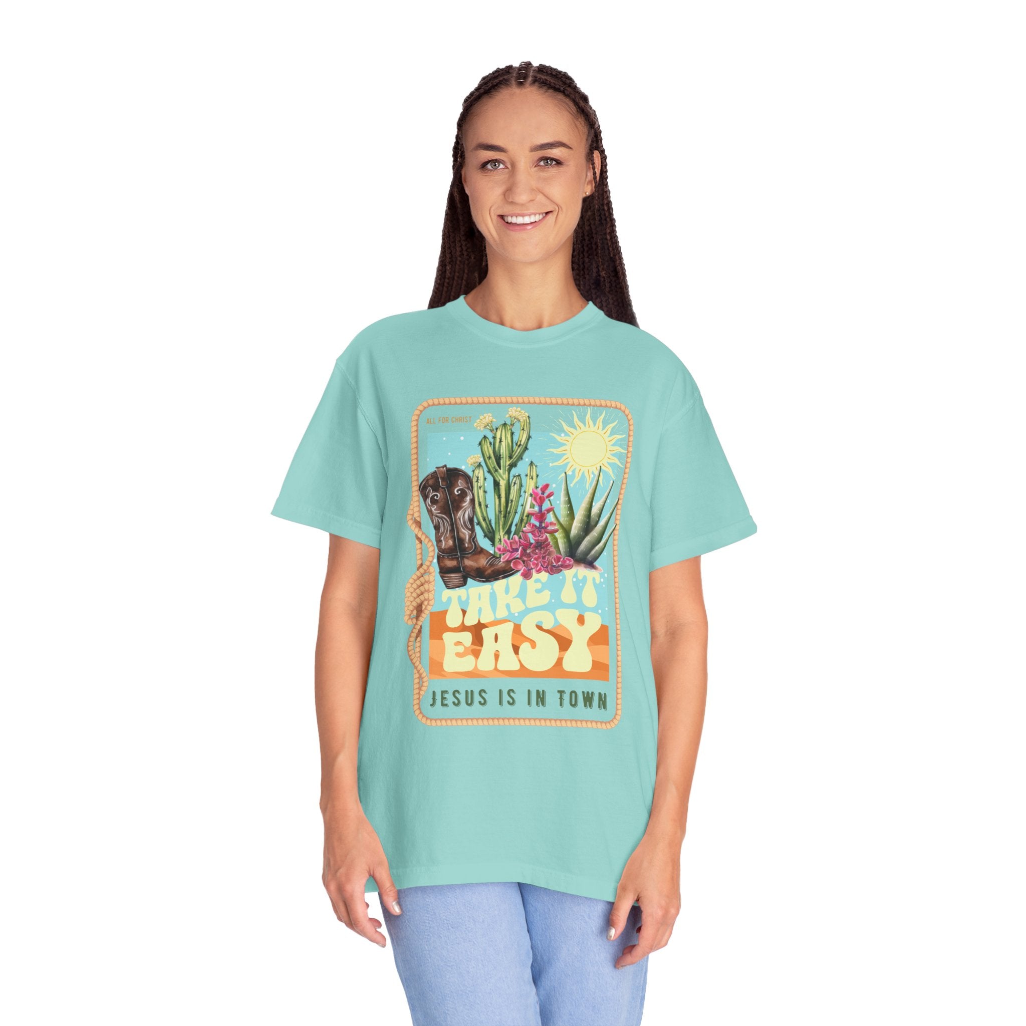 Take It Easy T-Shirt — Retro Desert Christian Graphic Tee (“Jesus Is In Town”)