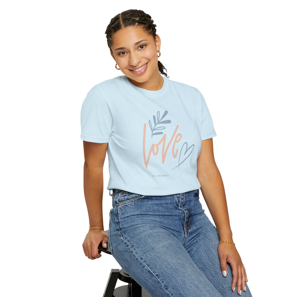 Love Handwritten T-Shirt — Pastel Heart & Leaf Graphic