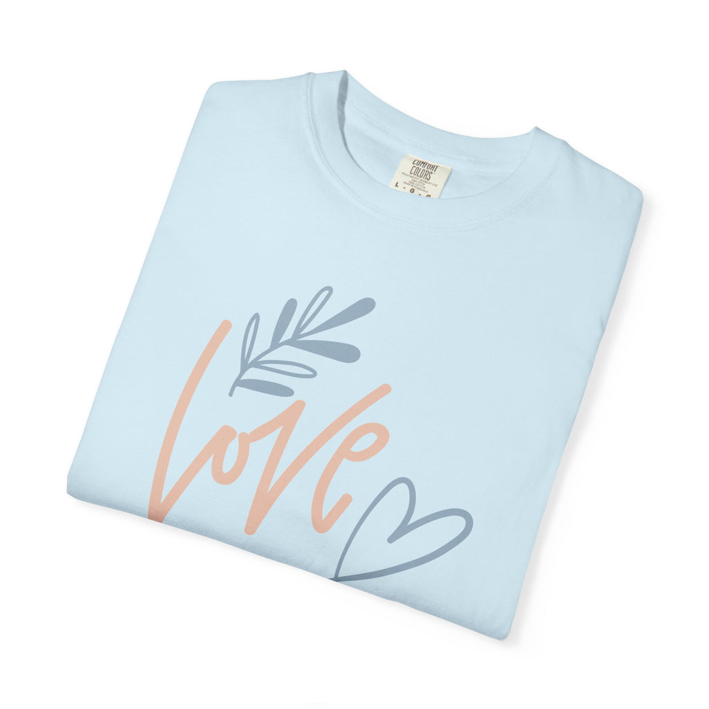 Love Handwritten T-Shirt — Pastel Heart & Leaf Graphic