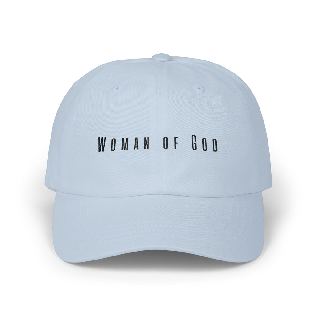Woman of God Dad Cap — White Embroidered Christian Baseball Hat (’Christ’ Back Accent)
