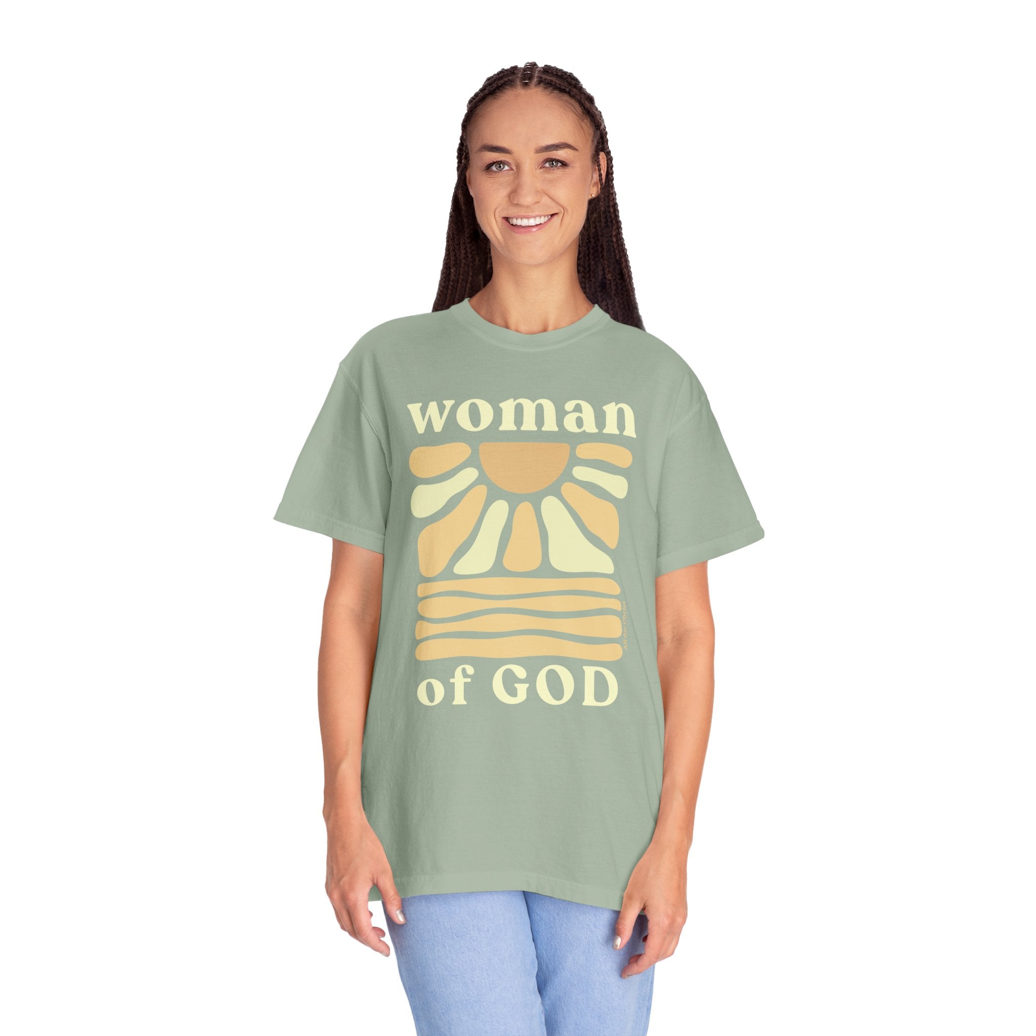 Woman of God T‑Shirt — Vintage Sun Faith Tee for Christian Women