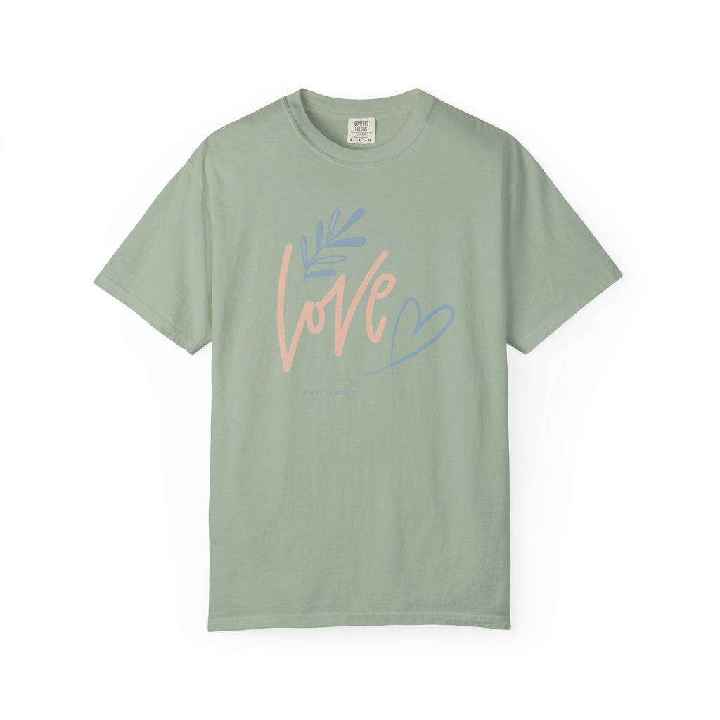 Love Handwritten T-Shirt — Pastel Heart & Leaf Graphic