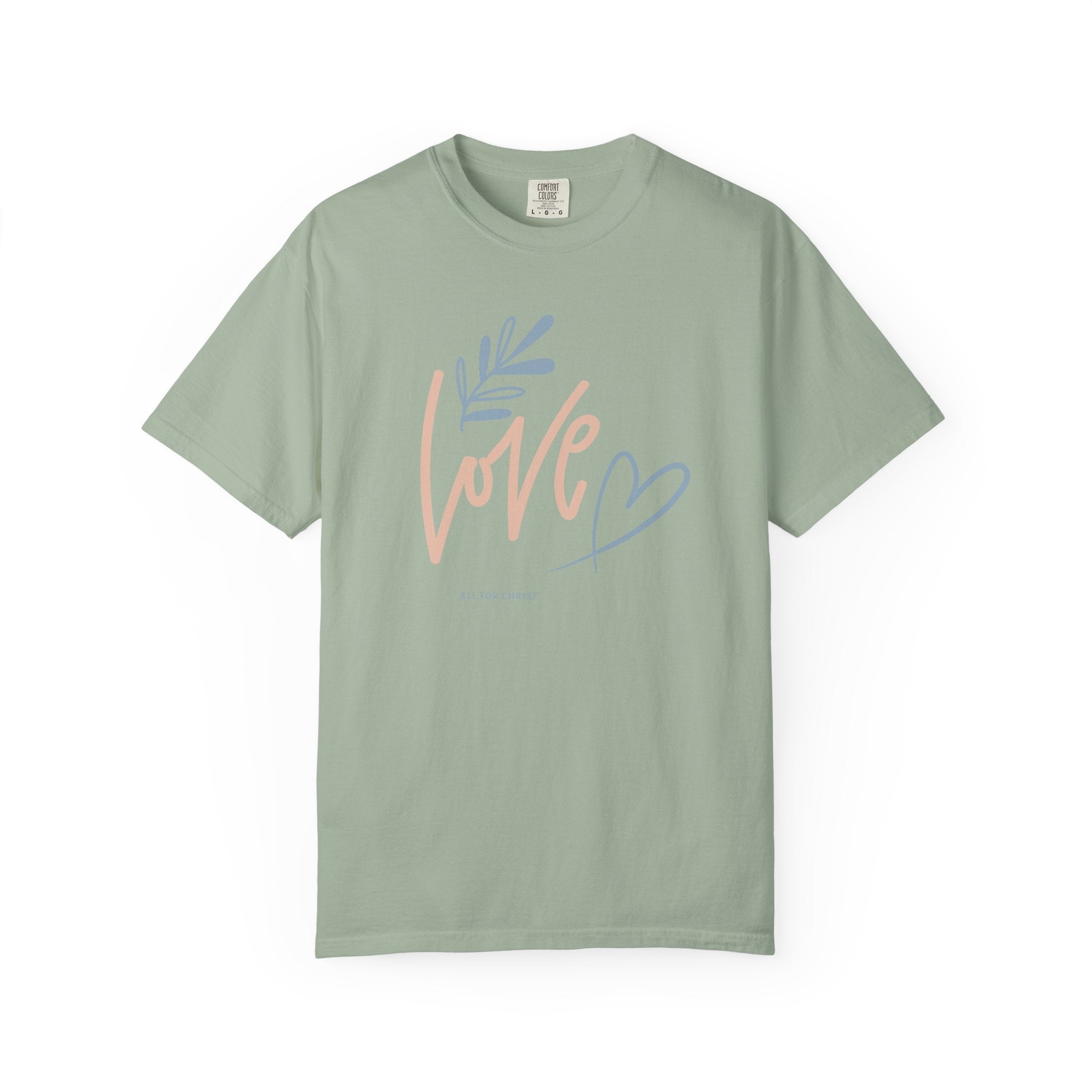 Love Handwritten T-Shirt — Pastel Heart & Leaf Graphic