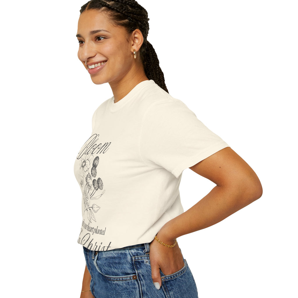 Bloom in Christ T-Shirt — Floral Faith Tee with "Bloom with your heart planted in Christ"