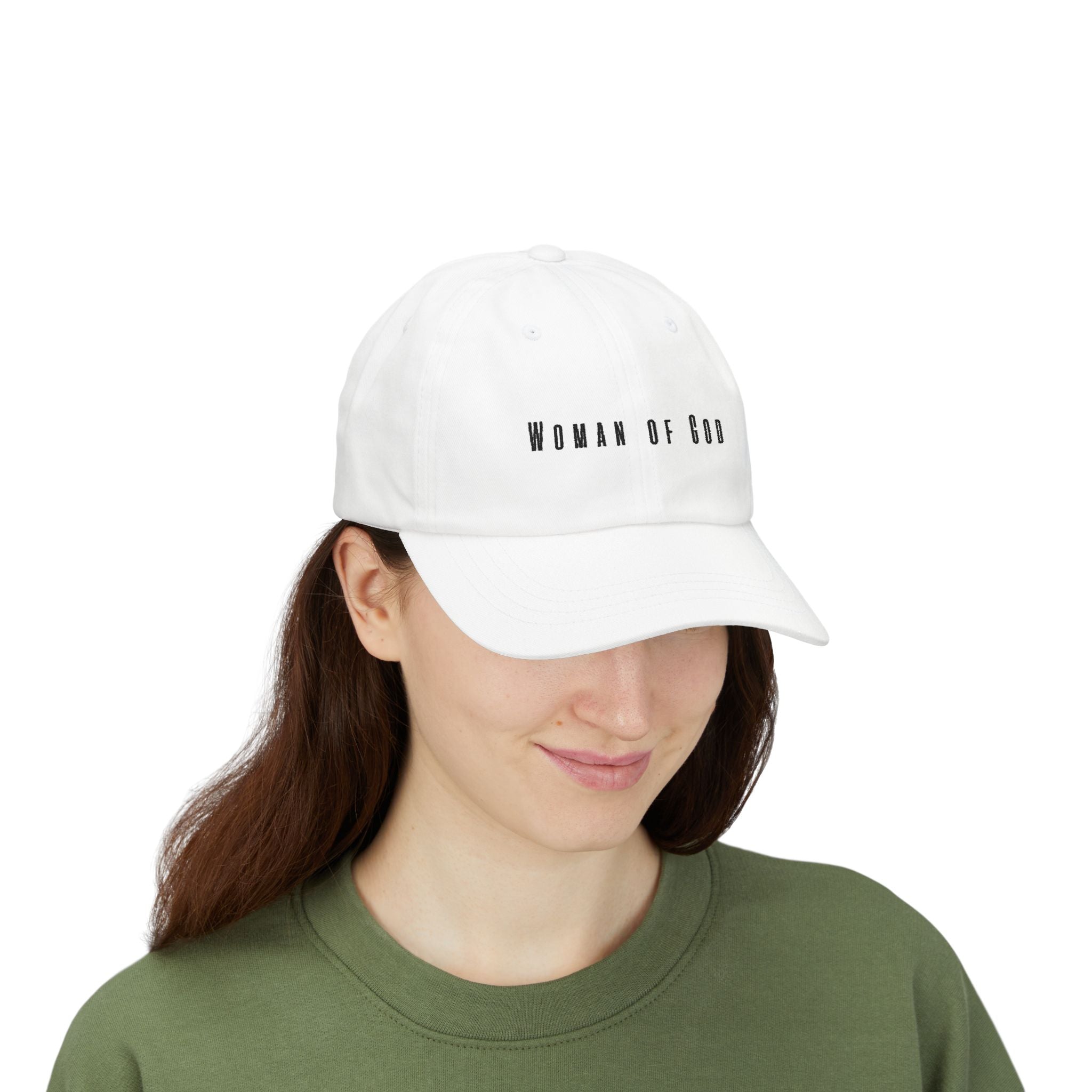 Woman of God Dad Cap — White Embroidered Christian Baseball Hat (’Christ’ Back Accent)