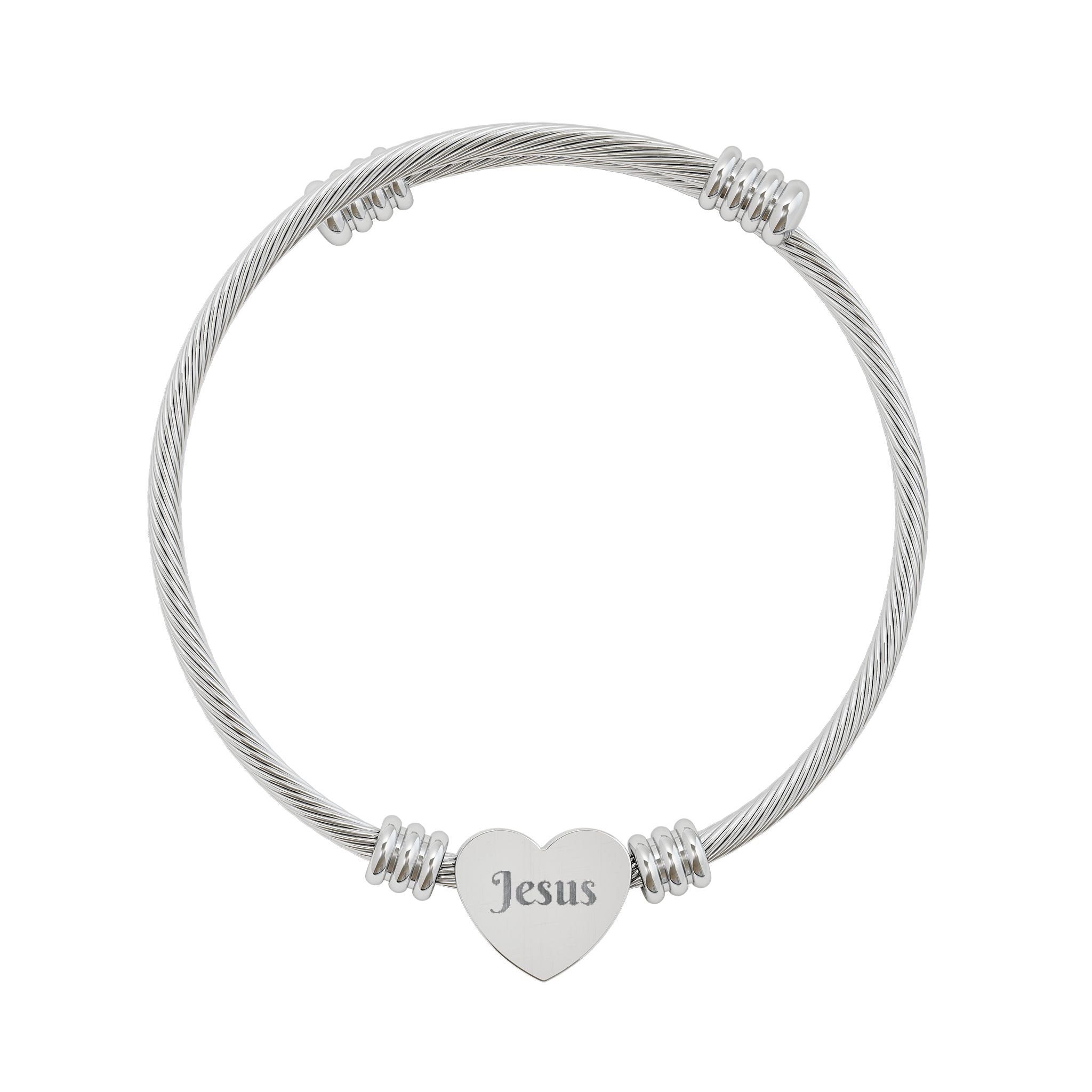 "Jesus" Script Engraved Heart Cuff Bracelet – Religious Charm, Silver or Gold