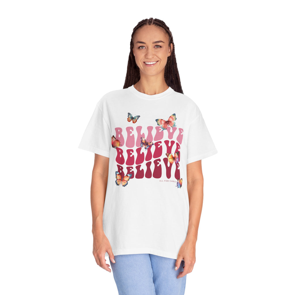 Believe Butterfly T-Shirt — Retro Script Floral Graphic Tee
