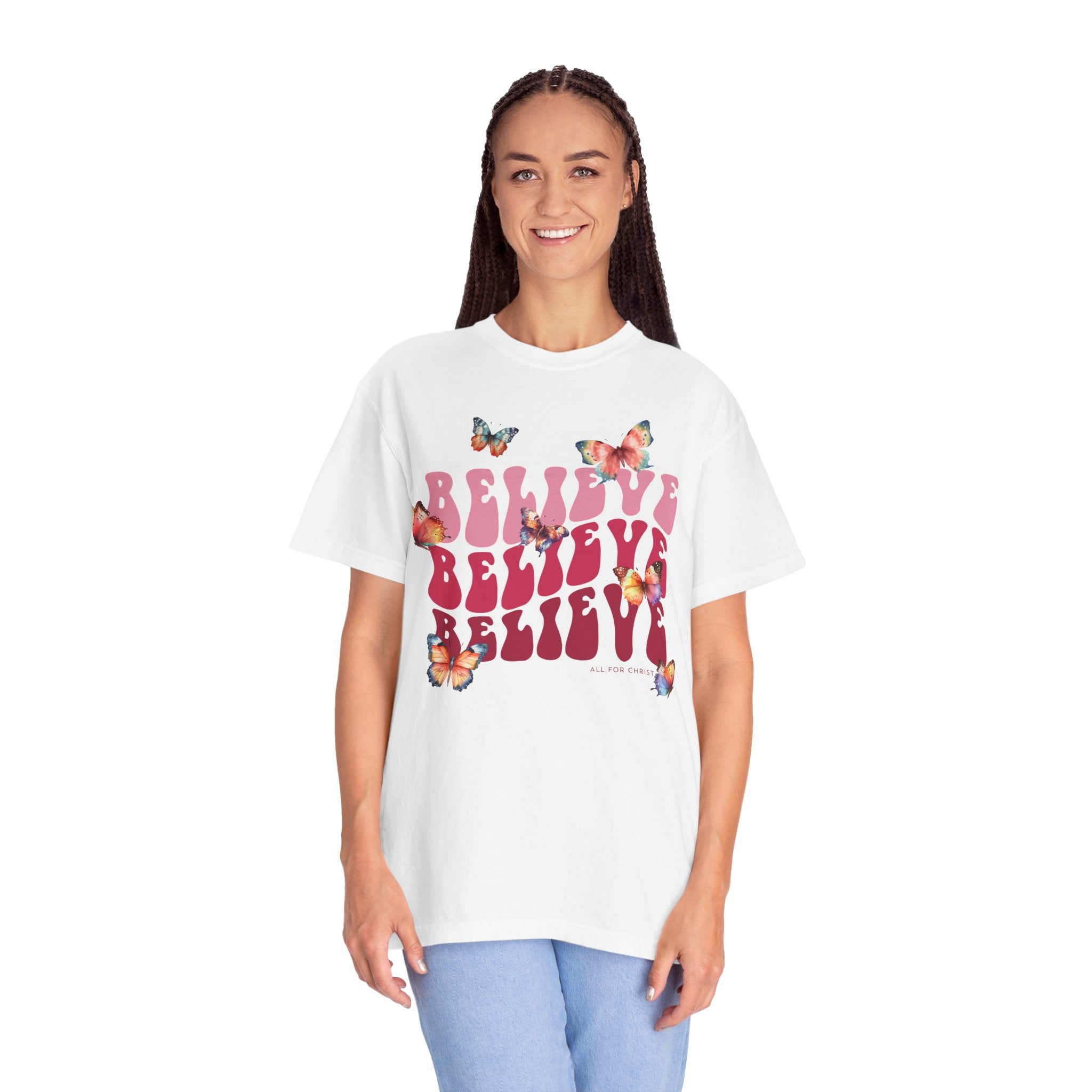 Believe Butterfly T-Shirt — Retro Script Floral Graphic Tee