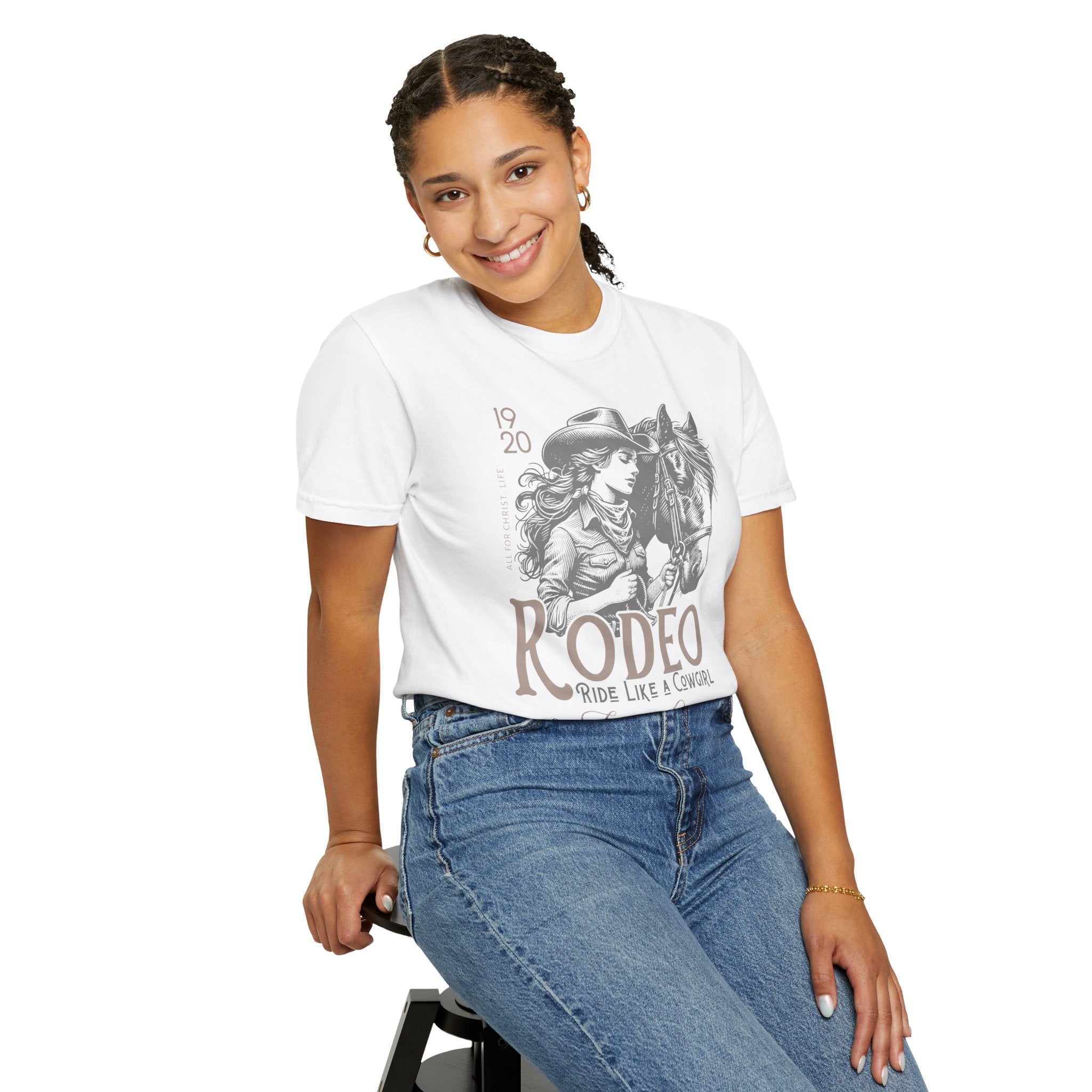 Rodeo Cowgirl T-Shirt — "Ride Like a Cowgirl of Jesus Christ" Western Horse Graphic