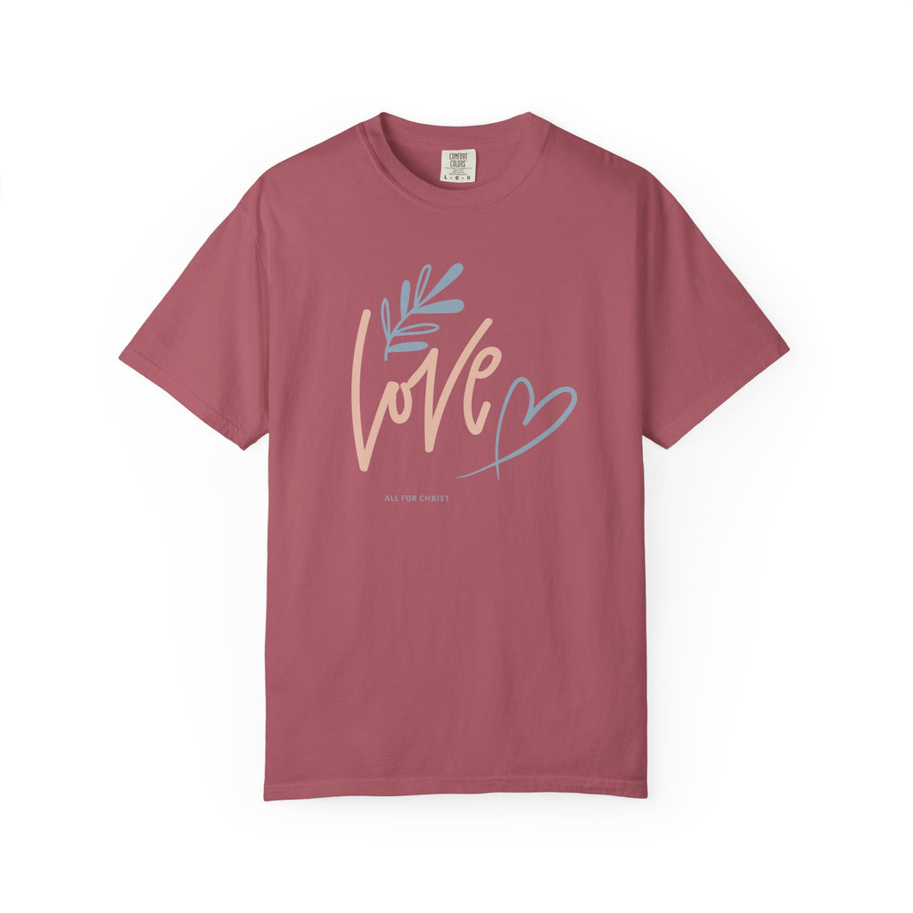 Love Handwritten T-Shirt — Pastel Heart & Leaf Graphic