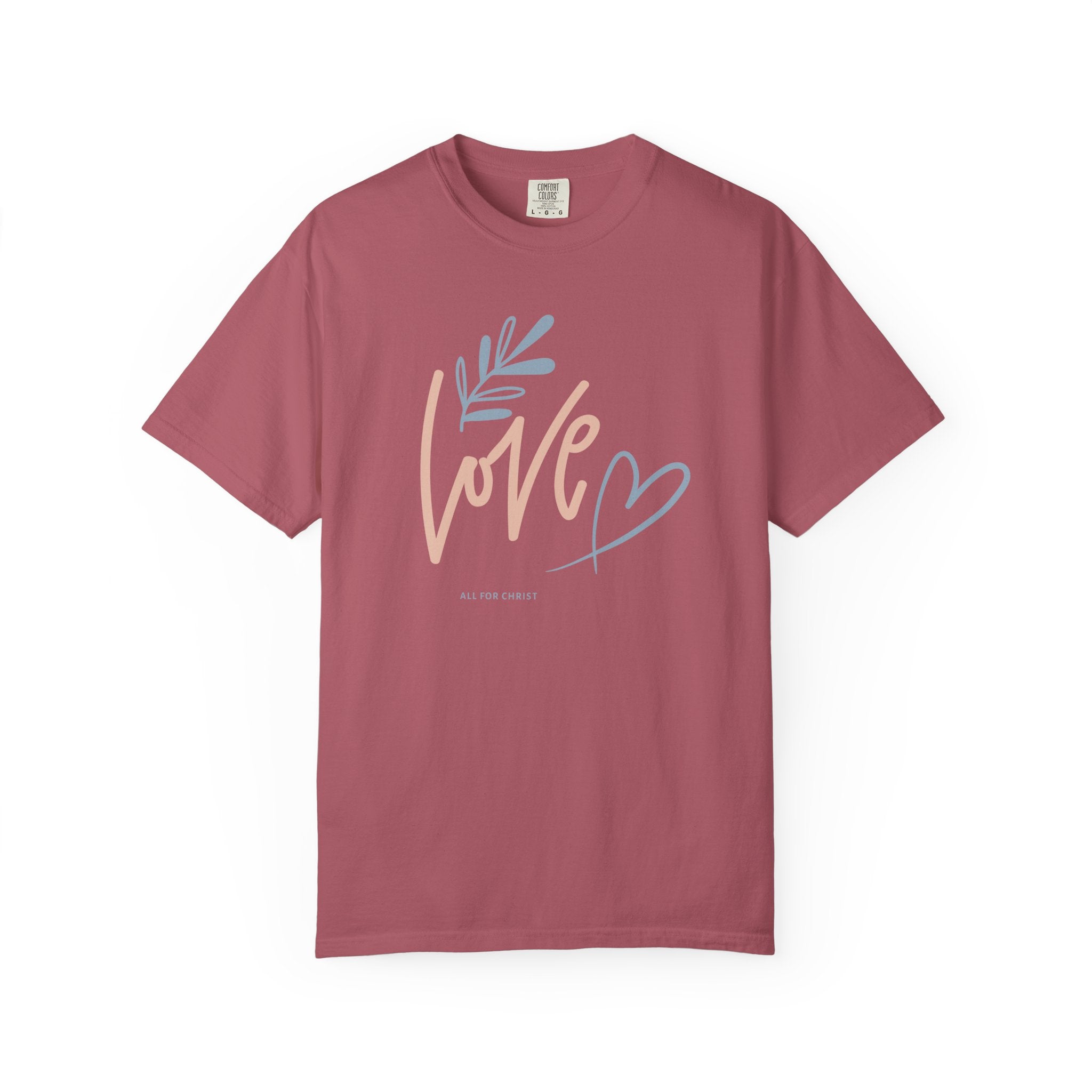 Love Handwritten T-Shirt — Pastel Heart & Leaf Graphic