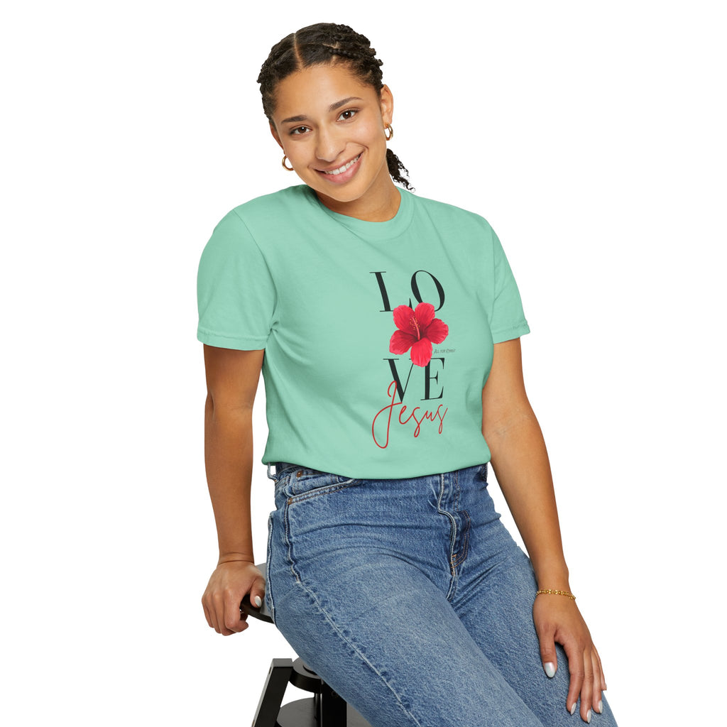 Love Jesus Floral T-Shirt — Faith-Based Christian Tee with Red Hibiscus