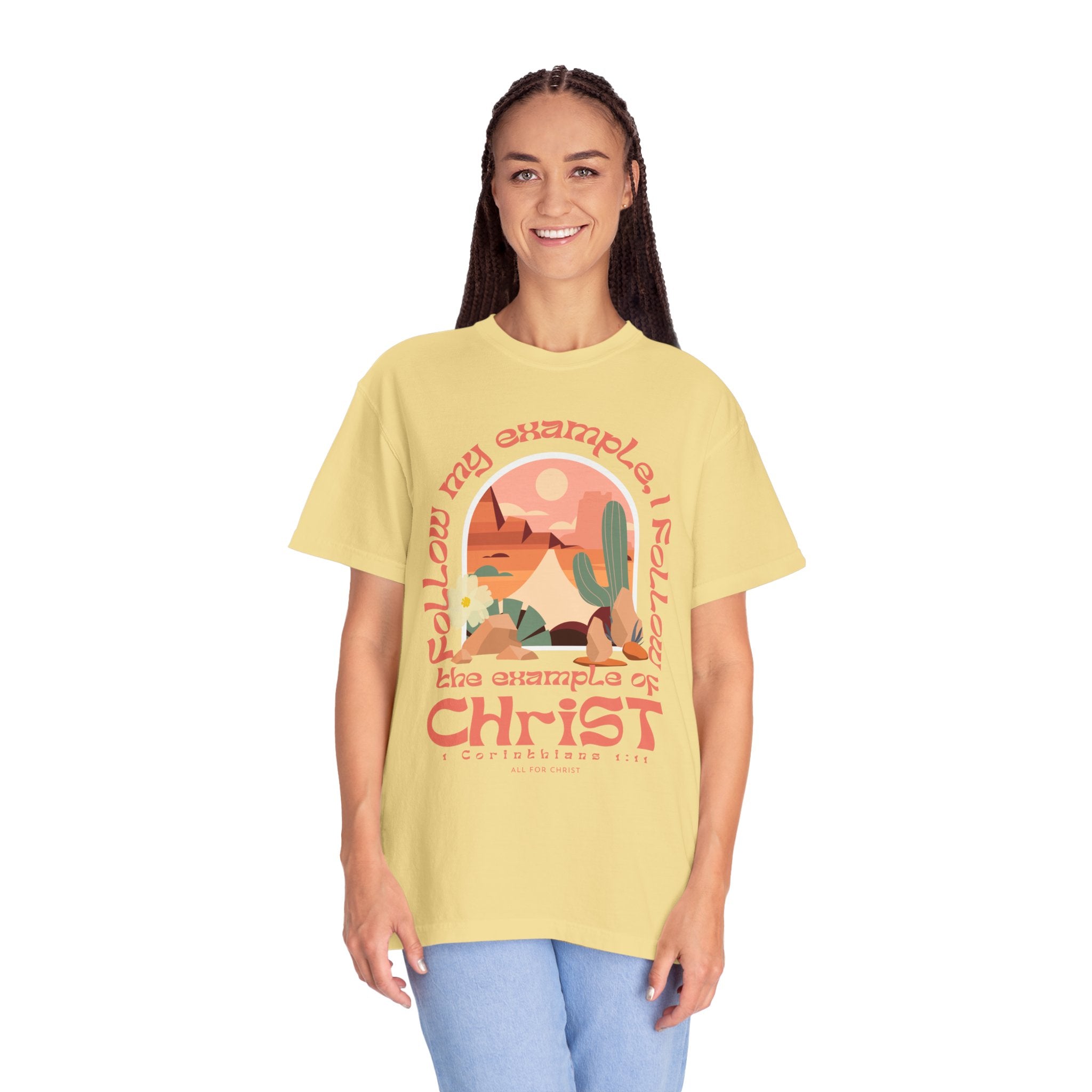 Christian Graphic T-Shirt — "Follow My Example": Retro Desert Faith Tee