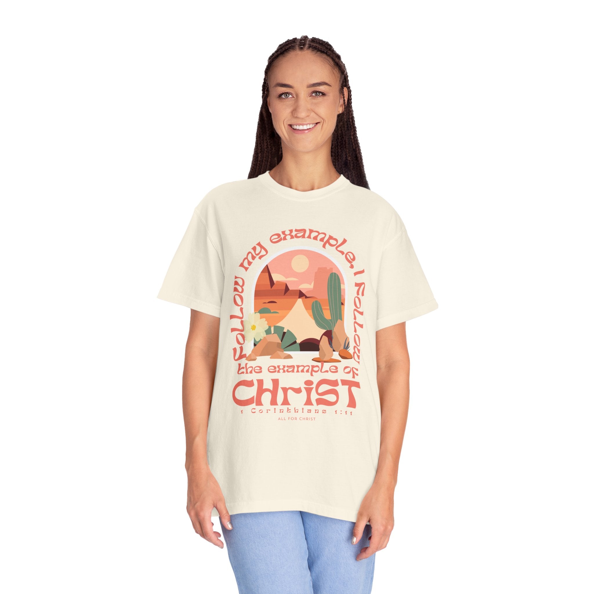 Christian Graphic T-Shirt — "Follow My Example": Retro Desert Faith Tee