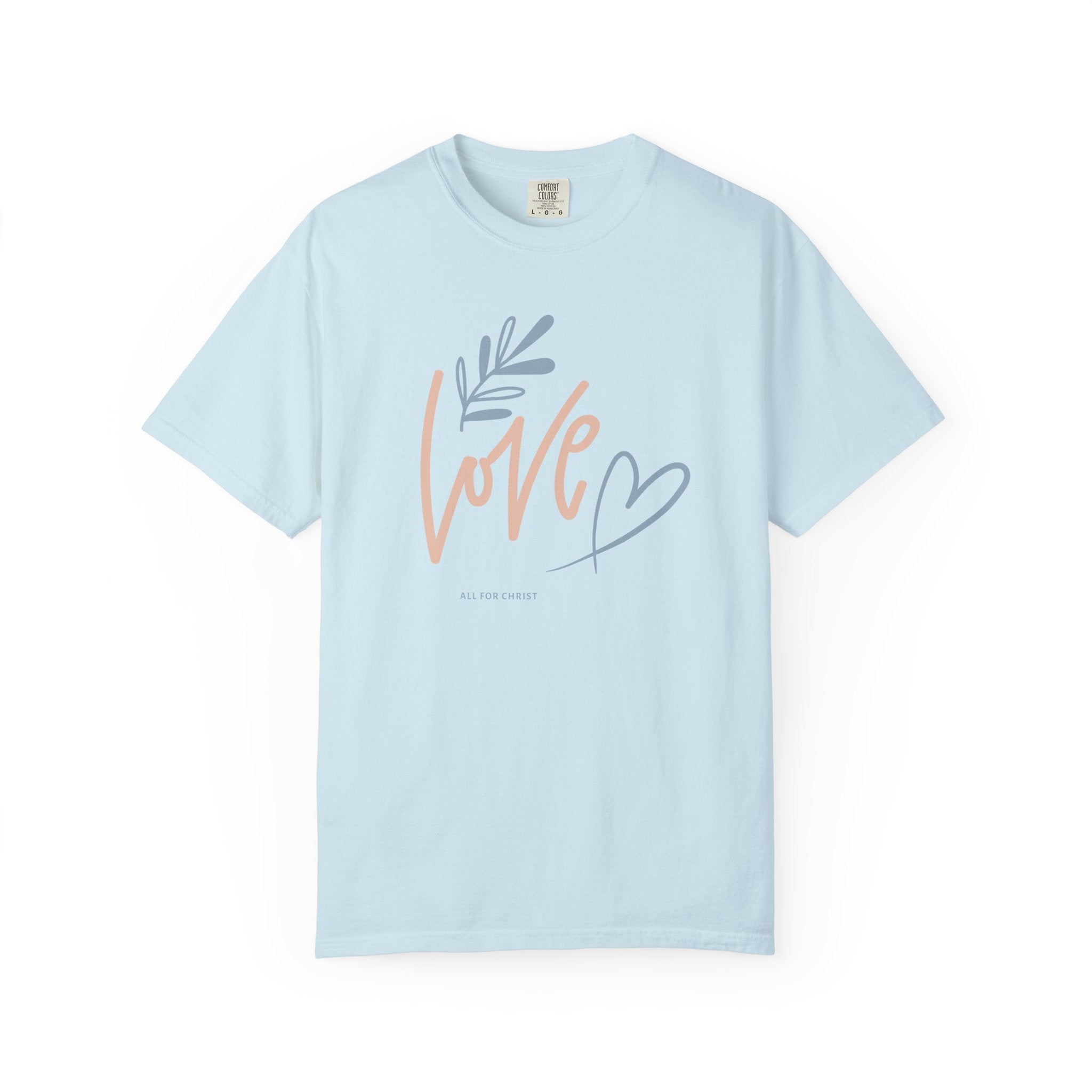 Love Handwritten T-Shirt — Pastel Heart & Leaf Graphic