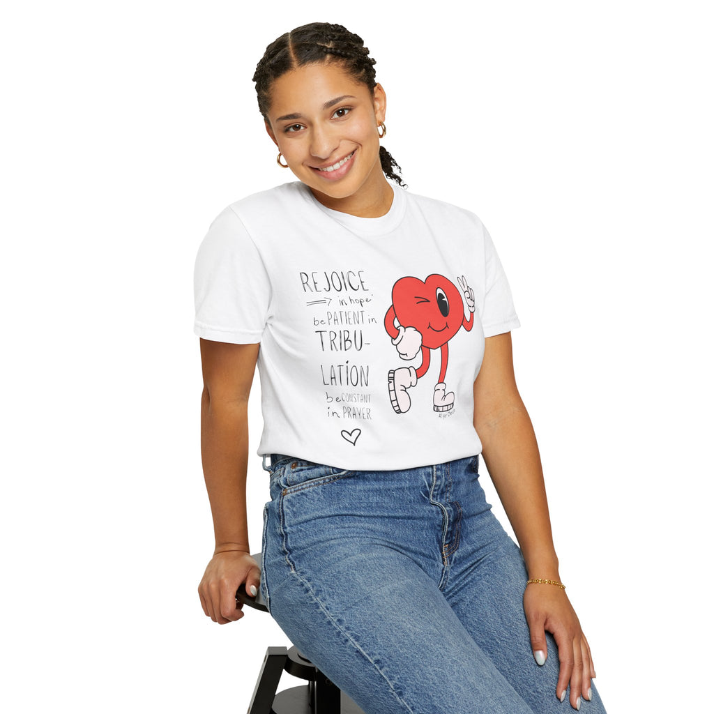 Rejoice Heart Character T-Shirt — 'Rejoice, be patient, tribulation' Christian Graphic Tee