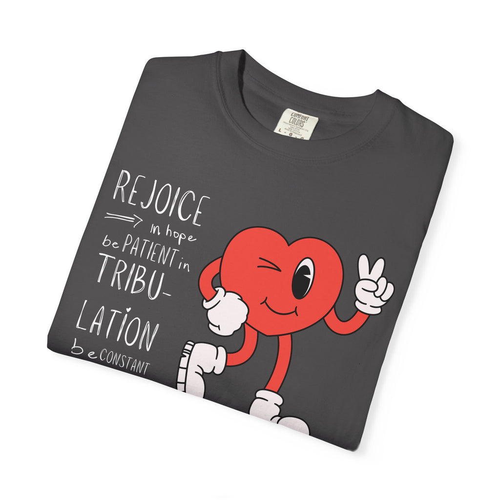 Rejoice Heart Character T-Shirt — 'Rejoice, be patient, tribulation' Christian Graphic Tee