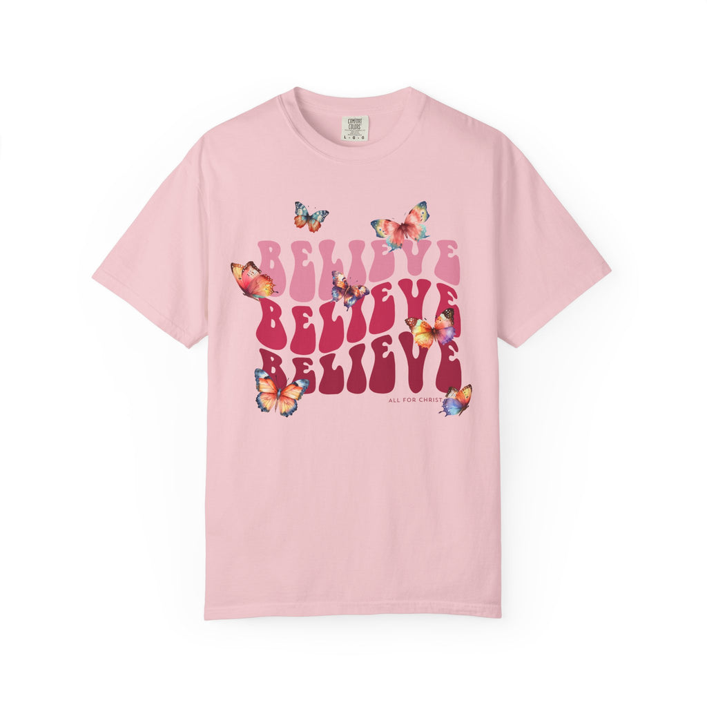 Believe Butterfly T-Shirt — Retro Script Floral Graphic Tee
