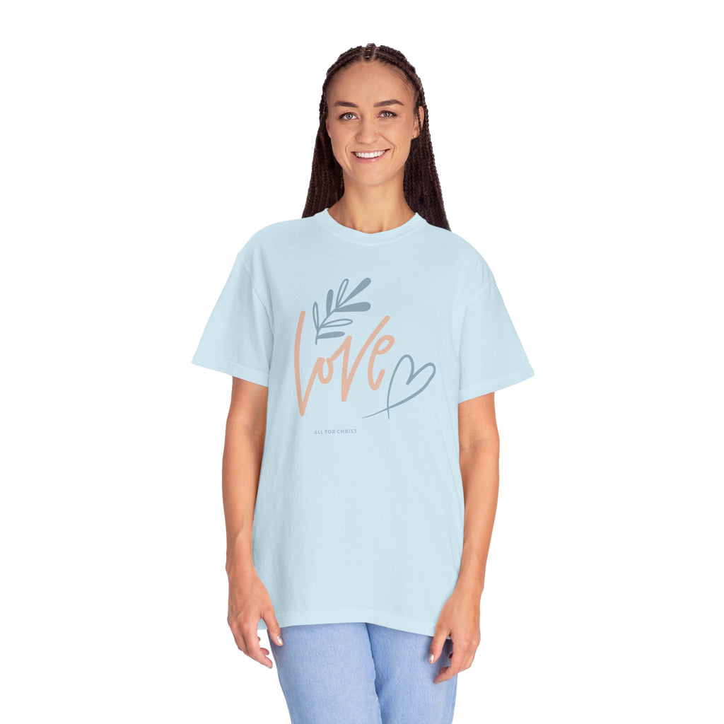 Love Handwritten T-Shirt — Pastel Heart & Leaf Graphic
